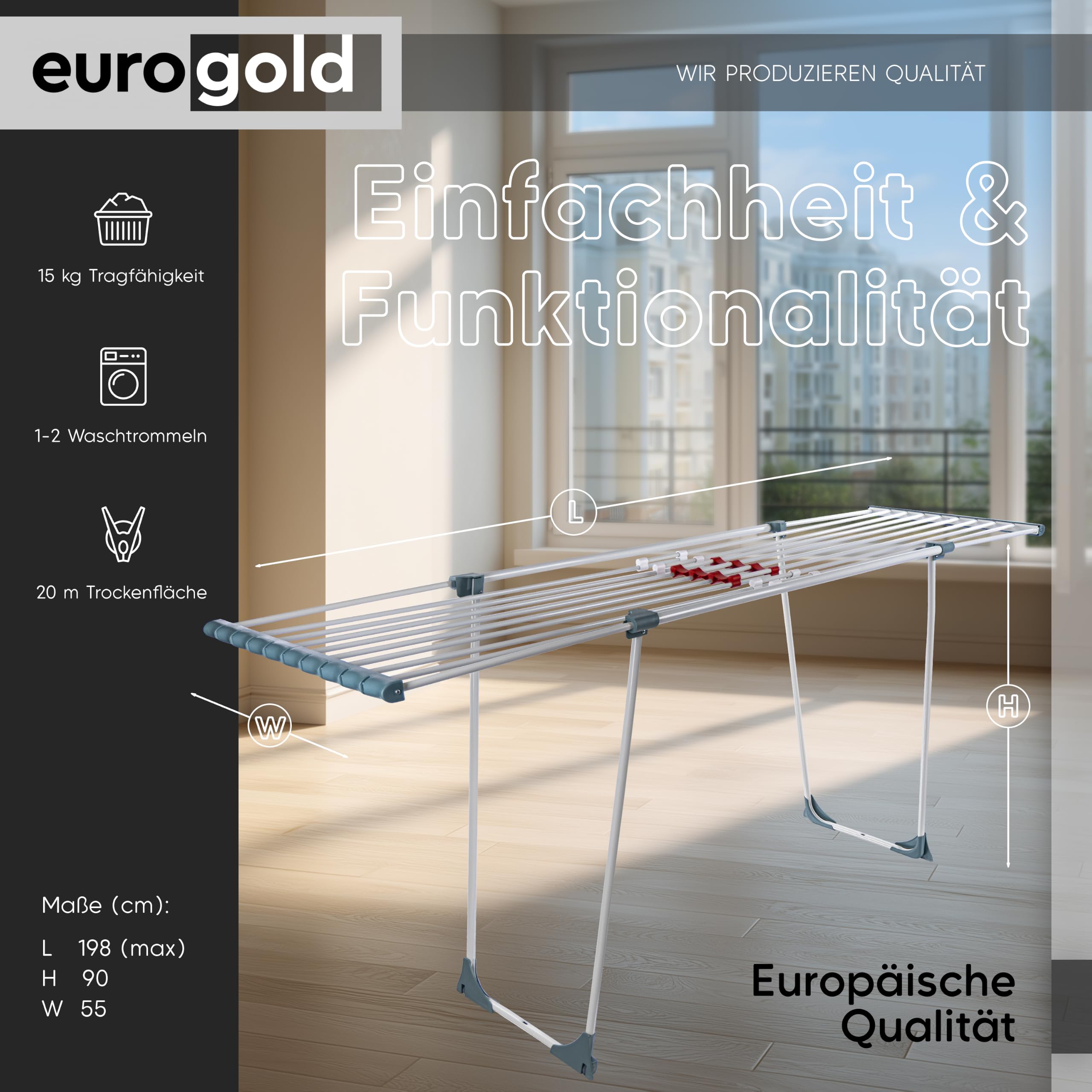 EUROGOLD Wäscheständer Ausziehbar 20m, Trockenständer für Bettwäsche Weiß | Stabiler Wäscheständer Klappbar ohne Querstrebe, Großer Trockenständer für Bettwäsche, Balkon, Garten & Zuhause