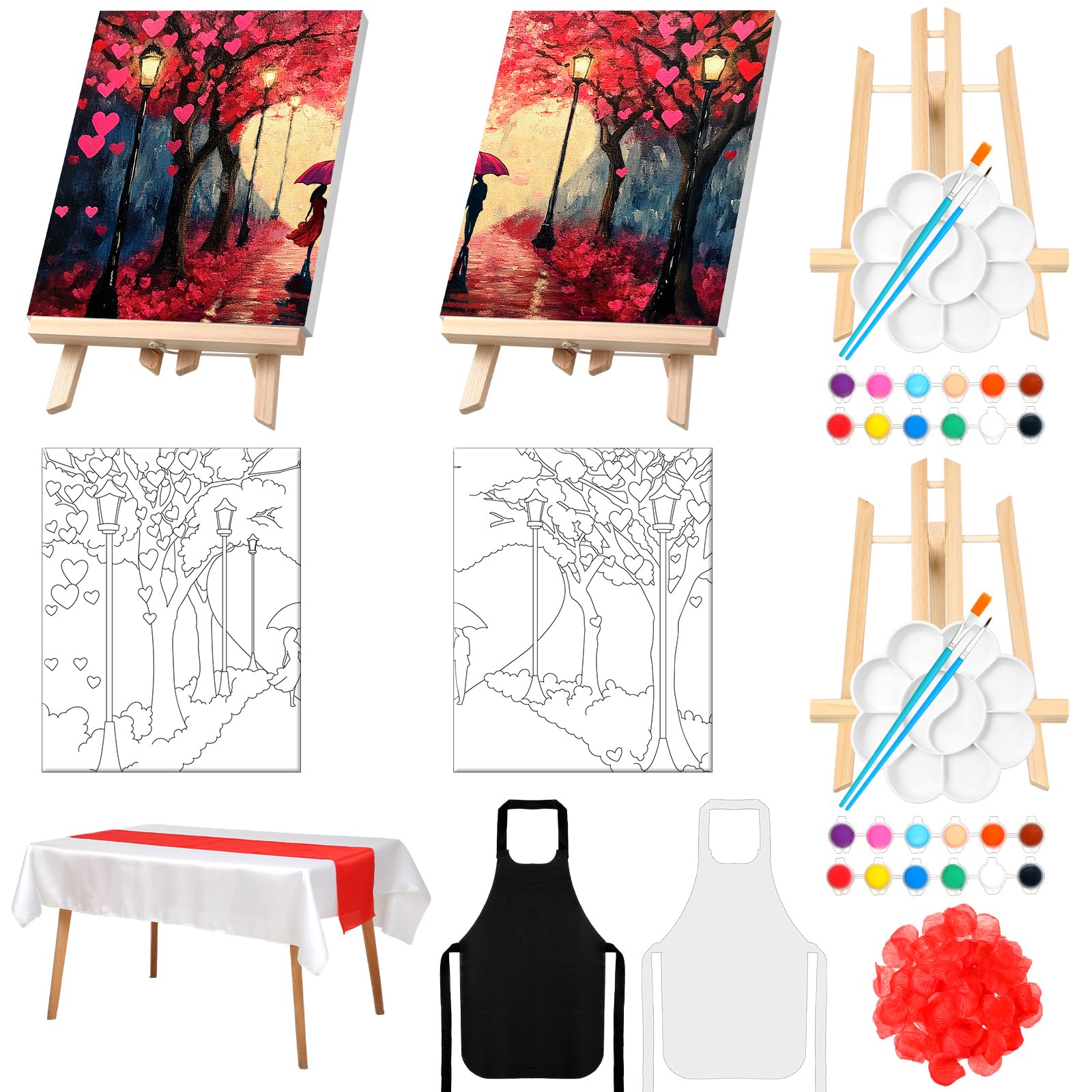 Zhanmai 112 Pcs Couples Painting Kit Date Night Valentines Sip and Paint Canvas Painting Art Pre Drawn Canvas Paint Kit for Couples Adults Valentine‘s Day Party(Romantic Road,8 x 10 Inch)