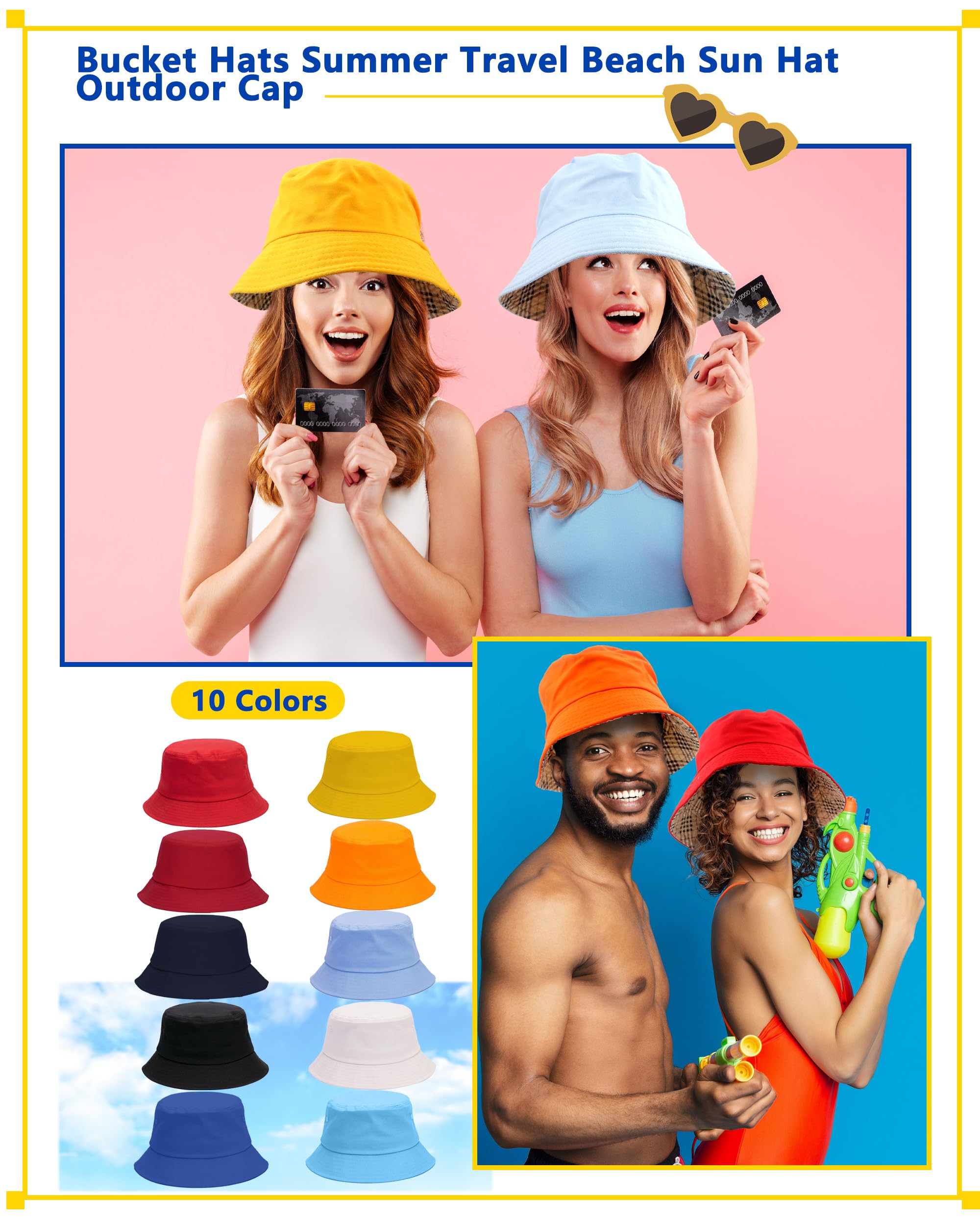 Confezione da 10 cappelli da pescatore per adulti, estivi, da spiaggia, cappello da sole in cotone, reversibile, per donne e uomini, campeggio, caccia, viaggi, pesca