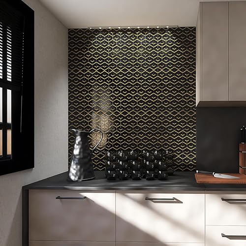 Miniatura 3 de Kasaro Azulejos de pared para pared de cocina, 10 piezas de mosaico autoadhesivo de mármol, palo decorativo para cocina y baño, negro adornado con