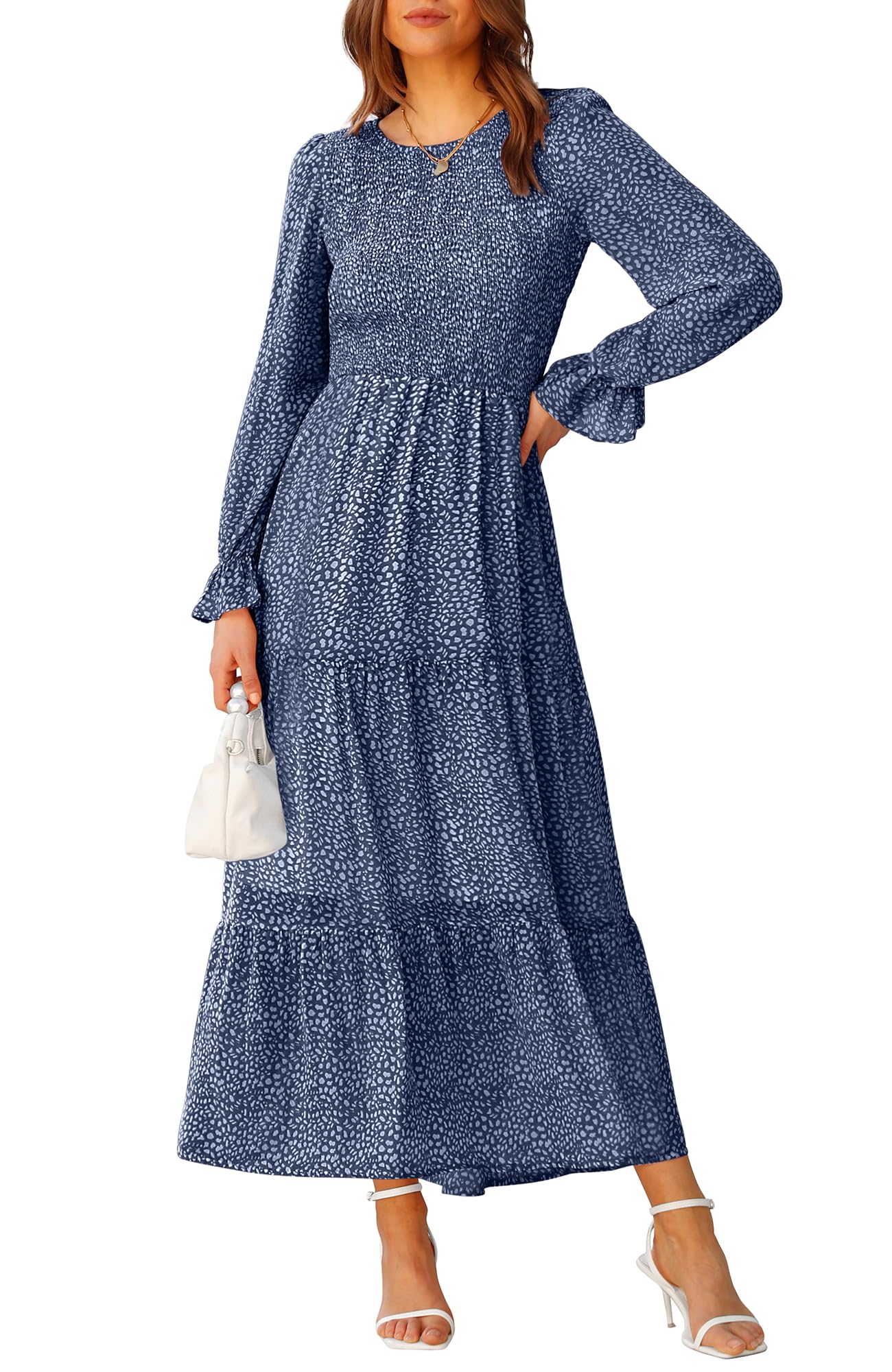 BTFBM Women Casual Long Sleeve Crew Neck Fall Dress Bohemian Relaxed Fit Floral Flowy Maxi Dresses Tiered Cocktail Dress