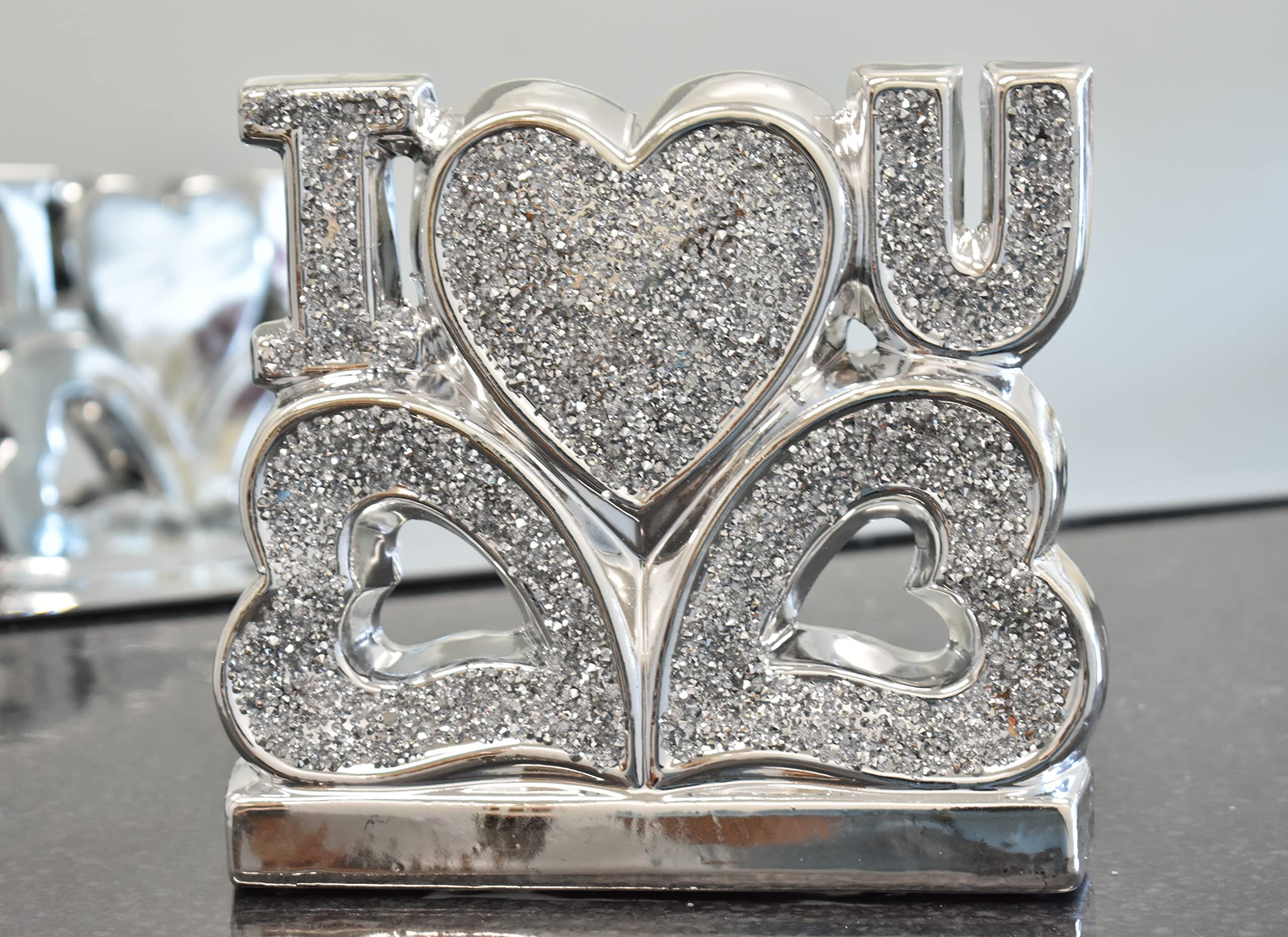 Biznest Silver Crushed Diamond, I Love You with Two Heart Stand Figurine Ornament Home Décor