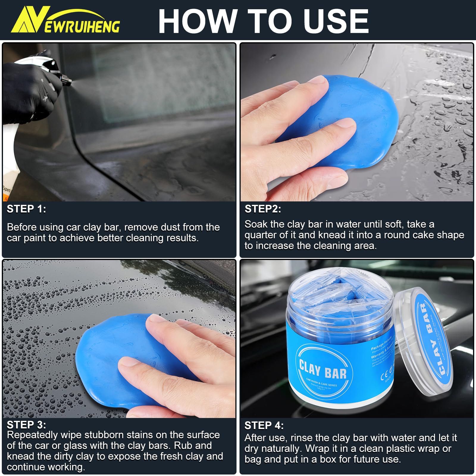 Barra de arcilla para coche, 4 unidades, 400 g, Auto Car Clay Bar Bares de arcilla limpios para limpieza de coche, descontaminación del coche, cuidado de la pintura y limpieza del vidrio (1, azul)