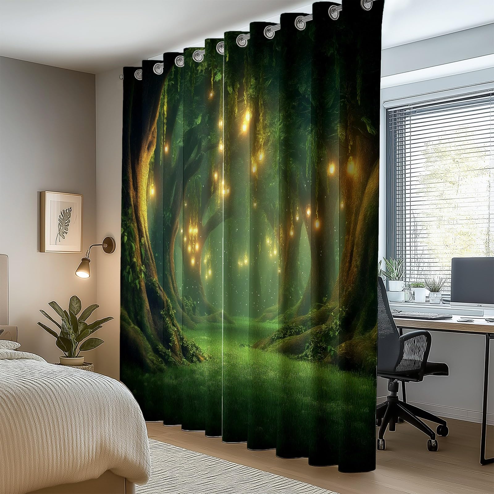 Marzycielskie światła w lesie zasłony z nadrukiem 140 cm x 240 cm (2 panele) zasłony sypialnia pokój dziecięcy młodzież izolowane termicznie zasłony okienne zielone