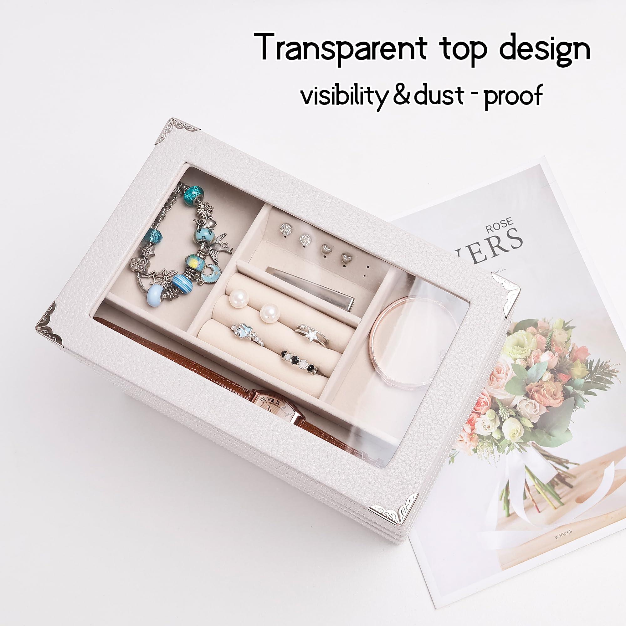 Bandeja organizadora de joyas apilable de 5 capas con tapa transparente, bandeja de exhibición de joyas para cajón, joyero grande para tocador (gris claro, Cinco capas de tapa de separación)