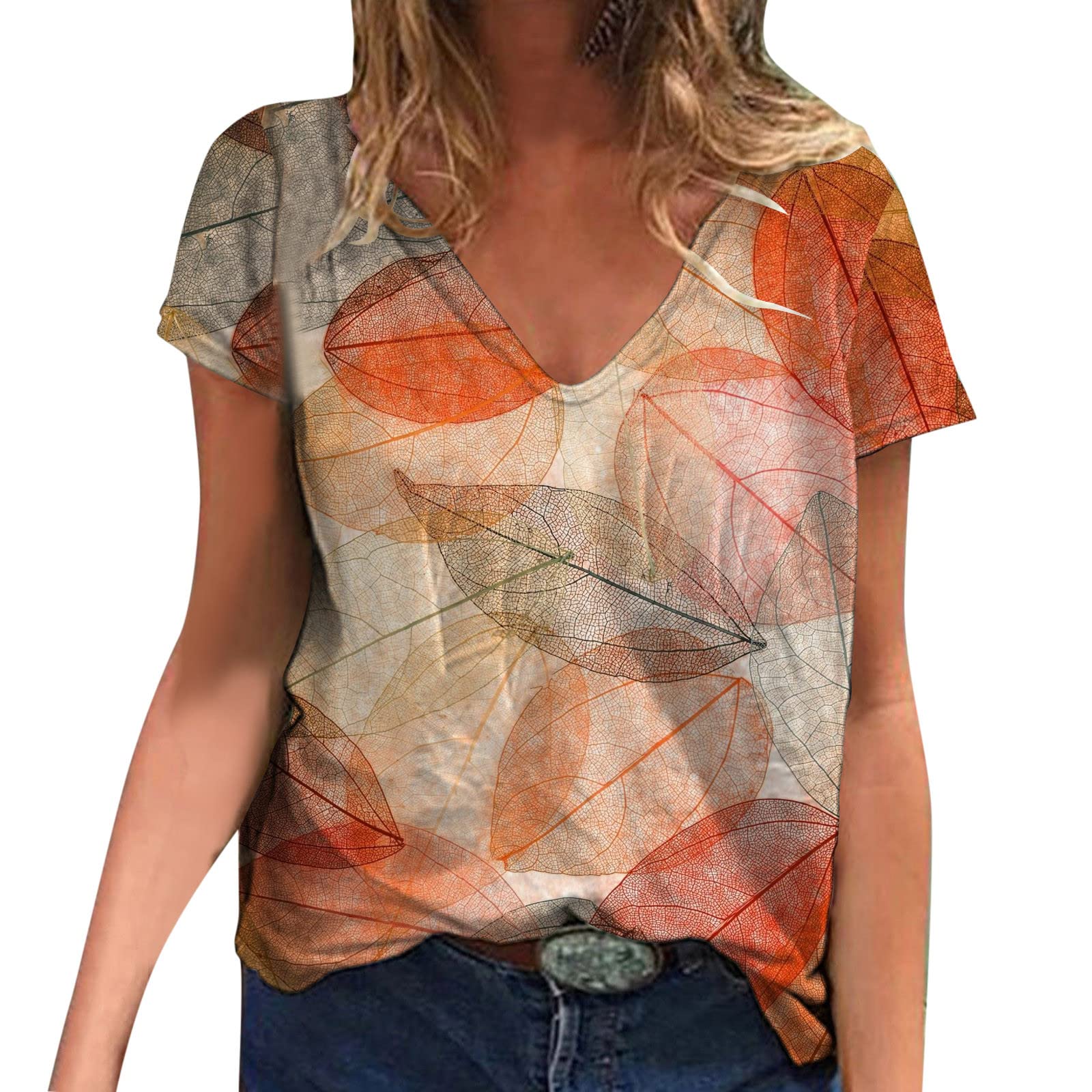 MKIUHNJ Camiseta para mujer de algodón de gran tamaño con cuello de pico, sexy, elegante, camiseta de yoga azul para mujer, manga corta, naranja, XL