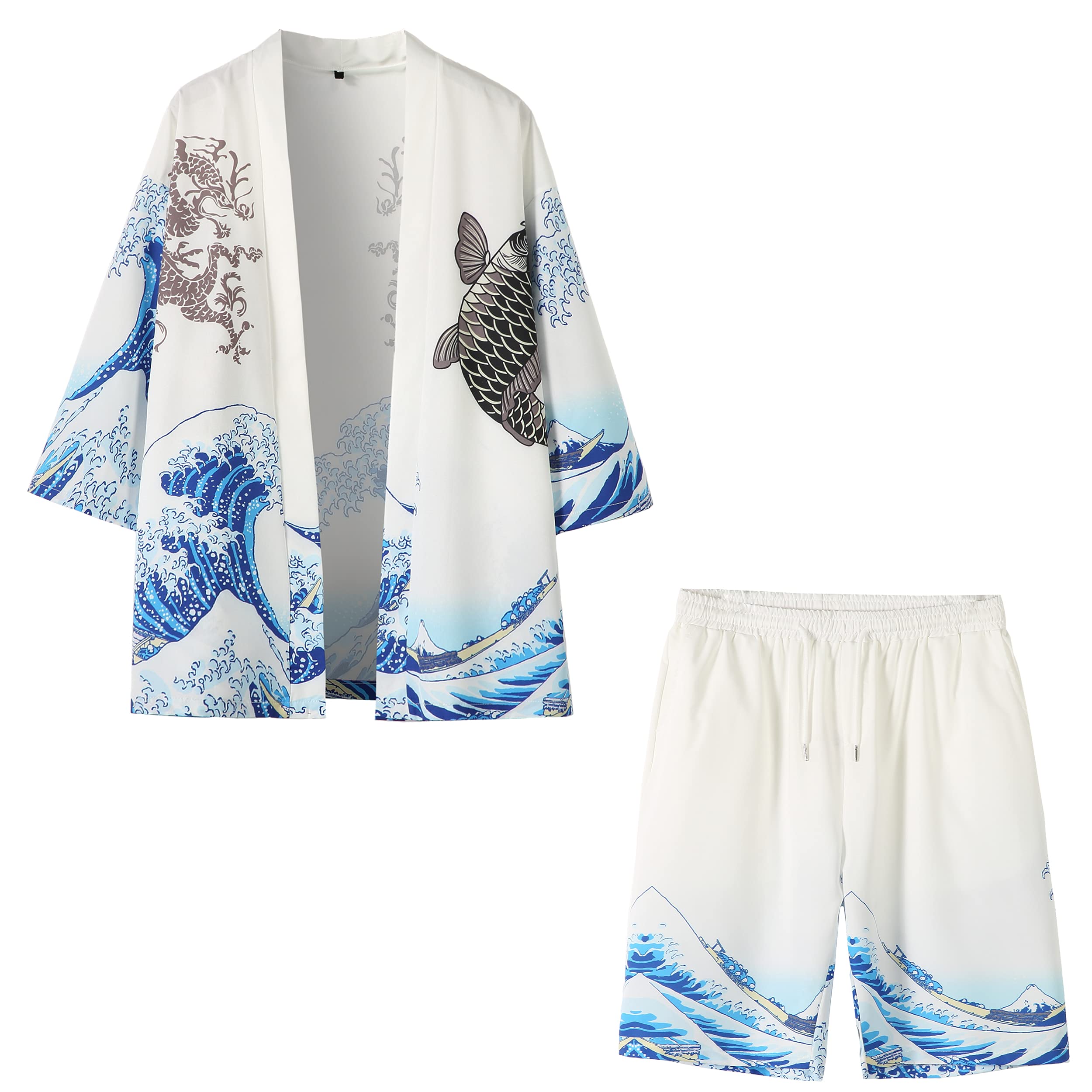 PRIJOUHE Mens Kimono Set Japanese Haori &amp; Shorts 2 Piece Summer Outfits