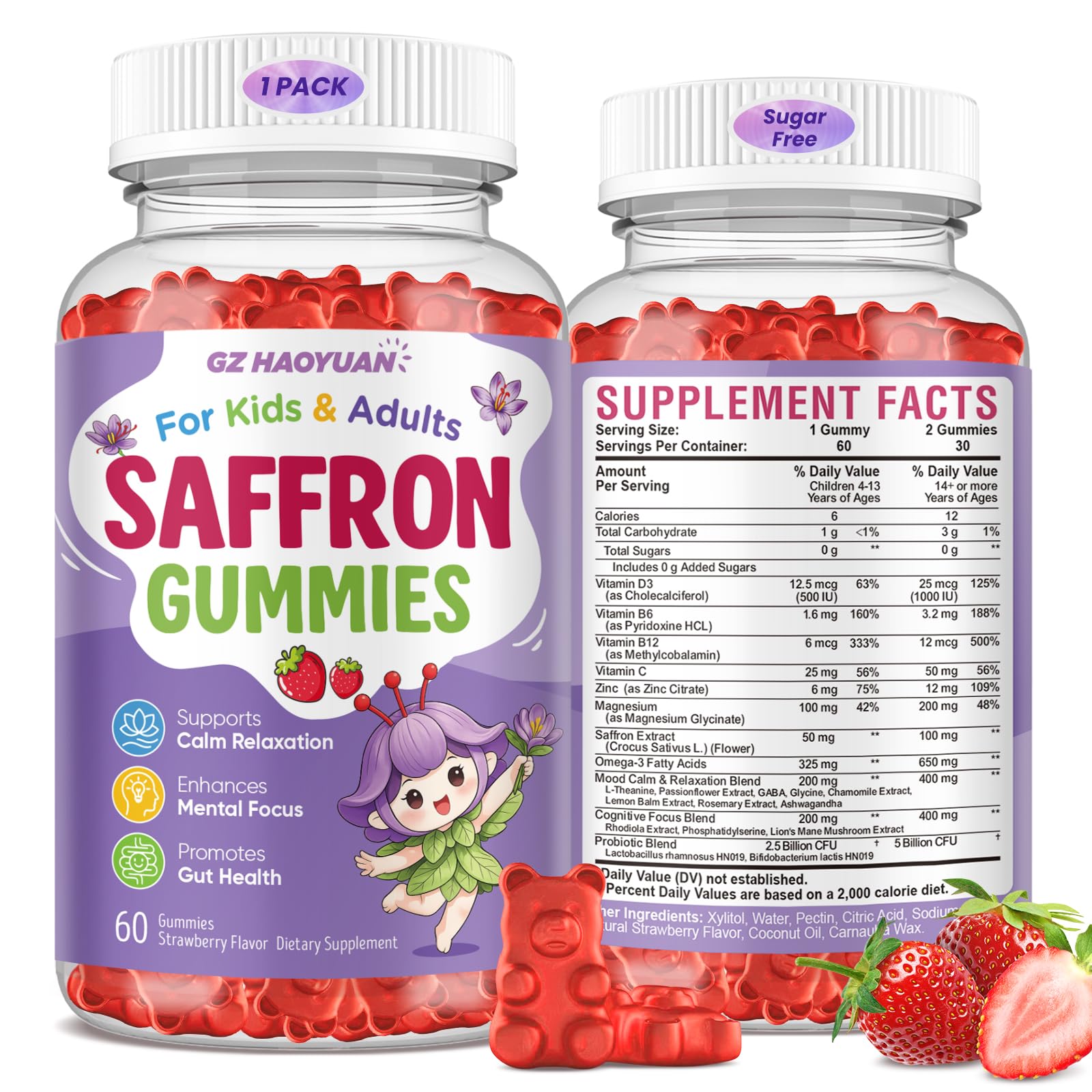 Saffron Gummies for Kids & Adults, 21-in-1 Saffron Supplements with 100mg Saffron Extract, L-Theanine, Magnesium, Omega-3, GABA, D3, B6, B12 & C, Supports Mood, Focus & Gut Health, Sugar-Free, Vegan Strawberry 60 Count (Pack of 1)