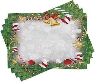 Ambesonne Christmas Place Mats Set of 4, Xmas Eve Carol Theme Frame Pine Spikes Candy Jingle Hand Bells and Ribbon Image, Washable Fabric Placemats for Dining Table, Standard Size, Green Grey