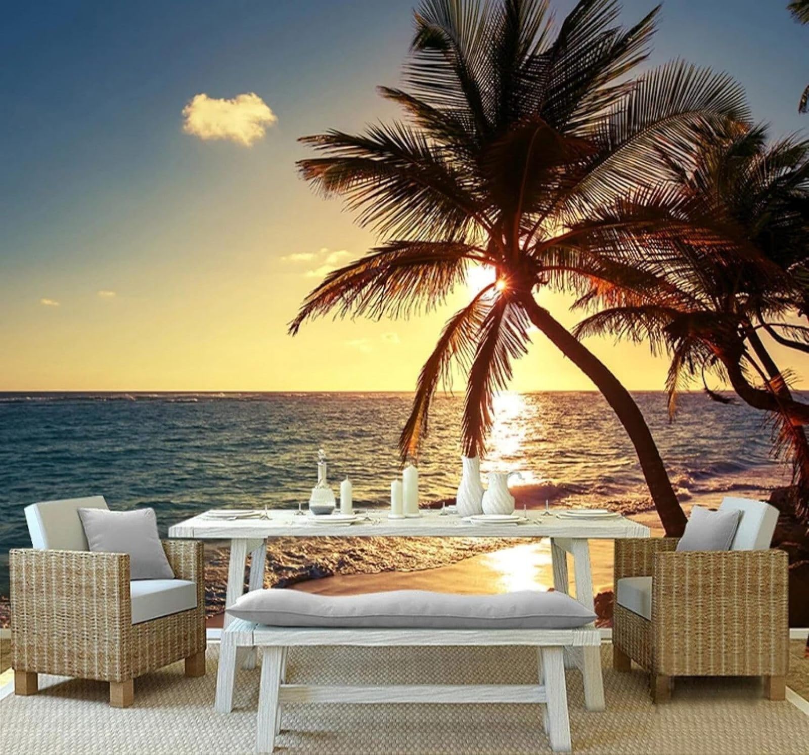 XLMING Picturesque Sunset Beach Coconut Trees Natural Scenery 3D Wallpaper Silky Texture Home Study Office Grey Dining Room Sofa Bedroom Living Room TV Backdrop-350cm×256cm