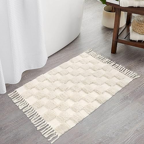 Lanffia Alfombra bohemia copetuda a cuadros de 2 x 3 pies, color beige, lavable con borlas, para interiores, casa de campo, cocina, baño,