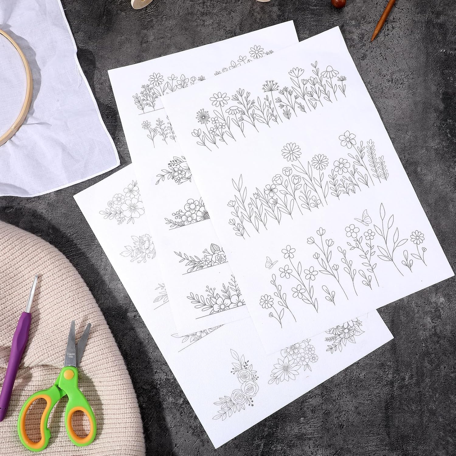 Ouligay 26 PCS Water Soluble Embroidery Patterns Water Soluble Embroidery Paper Wildflowers Stick and Stitch Embroidery Paper Floral Embroidery Transfer Paper for DIY Hand Sewing
