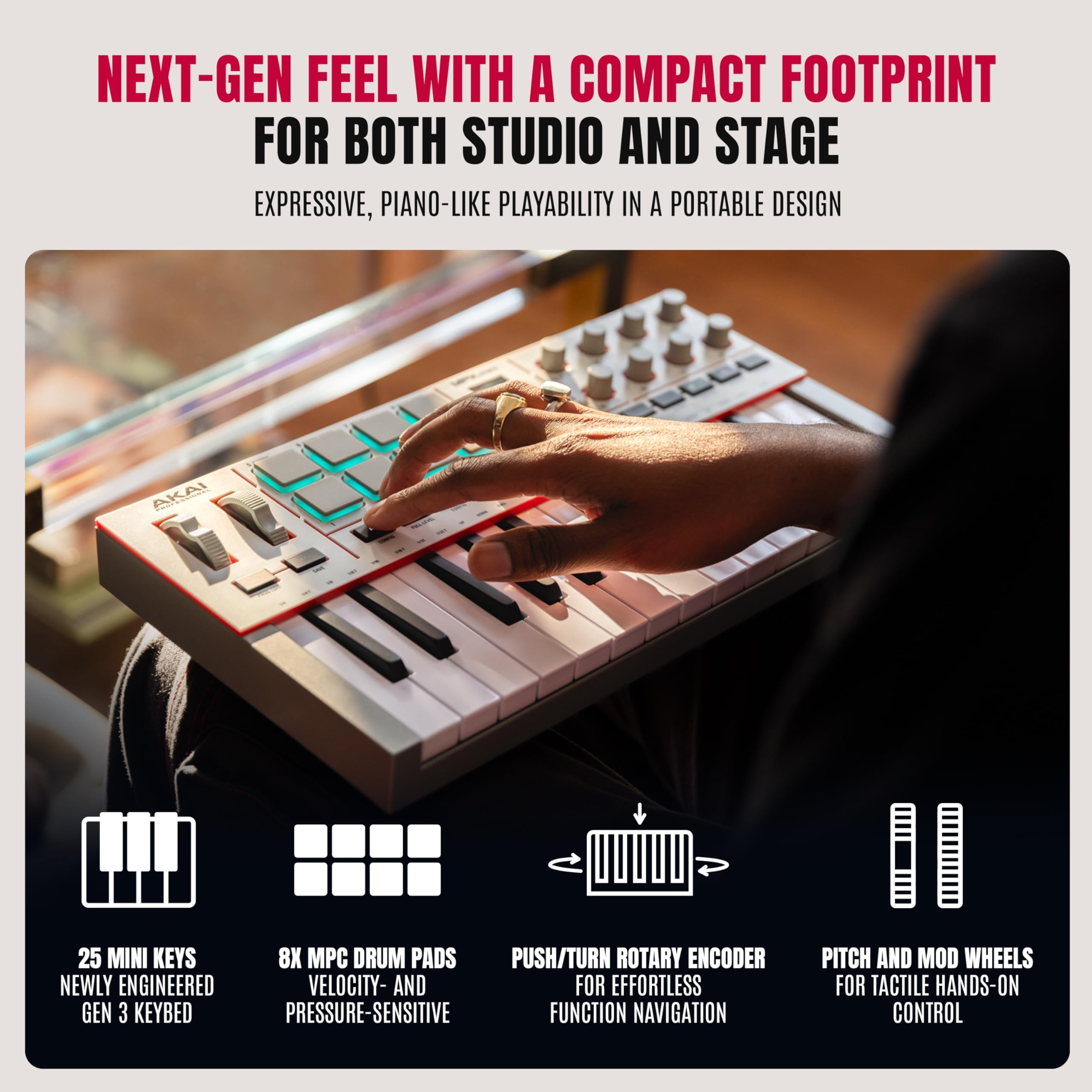 Akai Professional MPK Mini IV USB-C MIDI Keyboard Controller for Beginners and Producers - MPC Drum Pads, 360° Knobs, Pitch and Mod Wheels, Production Software, Native Instruments Sound Package,: Black