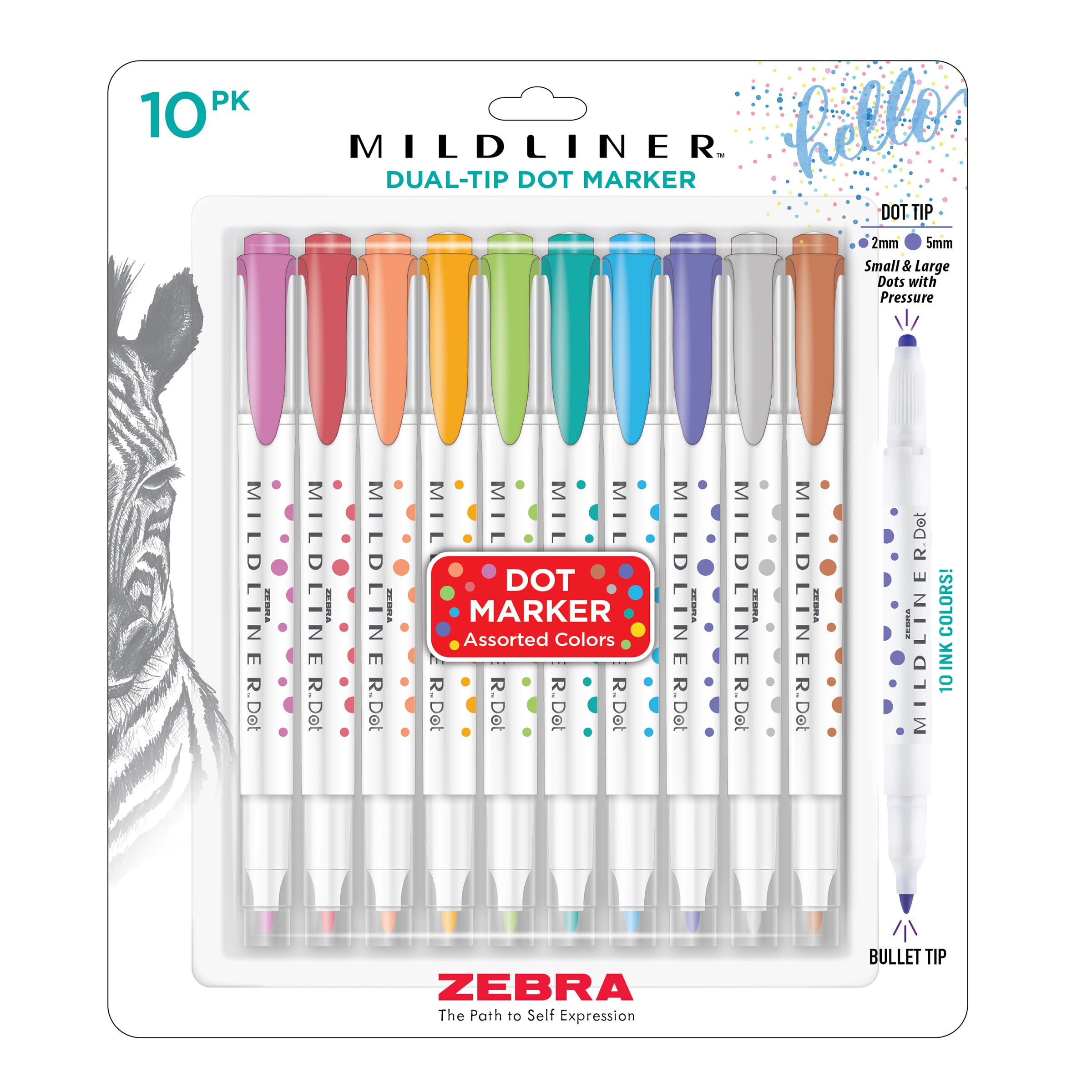 Zebra Pen Mildliner 73310 Twin Tip Markers, Water Based Pigment Ink, Extra Fine Round and Dot Stamp Tips, Assorted Colours, Pack of 10