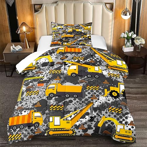 Juego de edredón de construcción tamaño individual, juego de ropa de cama para niños y niños, para todas las estaciones, 1 edredón con 1 funda de