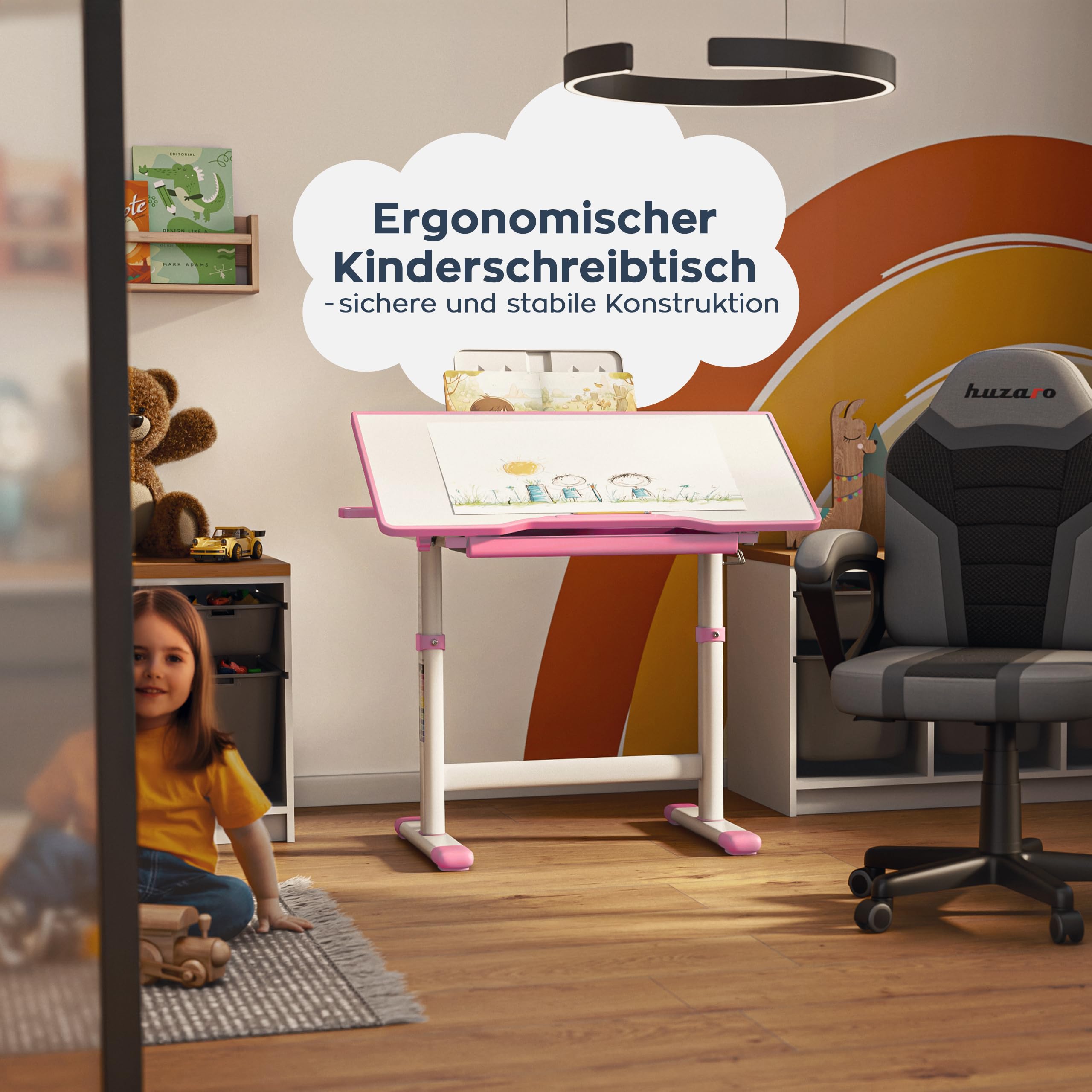 MARK ADLER Study 3.0 Kinderschreibtisch - Höhenverstellbar 54-76 cm - Schreibtisch Kinder ab 6 Jahren - Neigbare Tischplatte - mit Schublade und Buchständer - Ergonomisch zum Lernen - Rosa