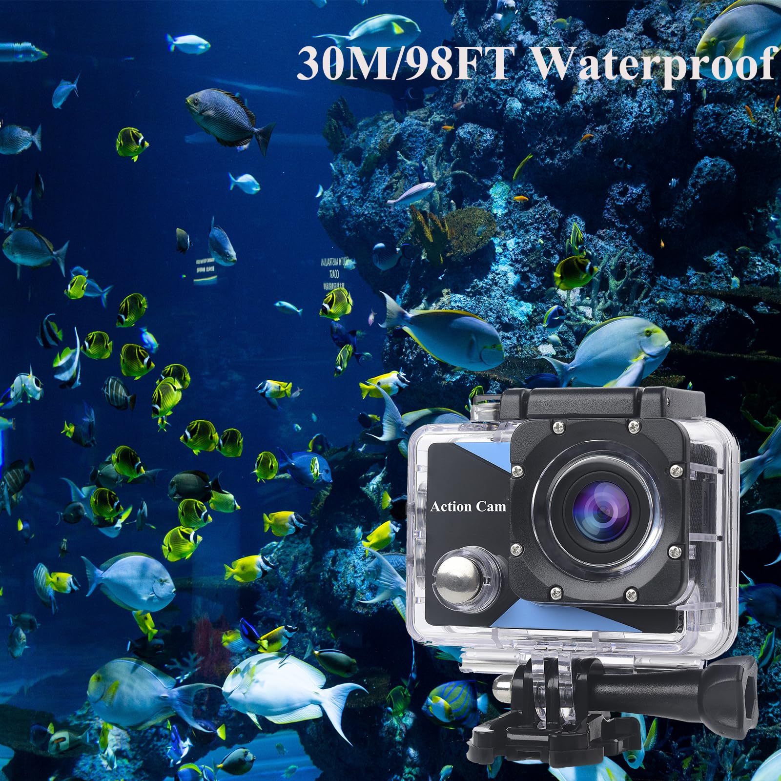 Action Cam1080P mit 16GB Speicherkarte, Unterwasserkamera wasserdicht bis 30M, Actionkamera mit 2×900 mAh wiederaufladbare Akkus und Zubehör-Set
