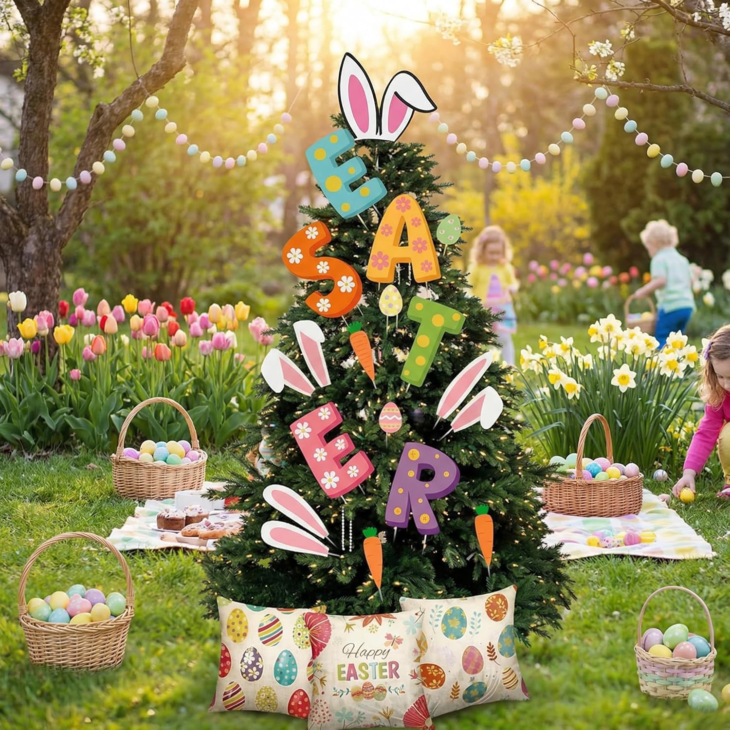 19 Pcs Easter Decorations Tree Ornament Large Bunny Ear Tree Topper Easter Egg Pillow Covers Rabbit Ear Picks Carrot Ornaments for Home School Office Spring Party Decor