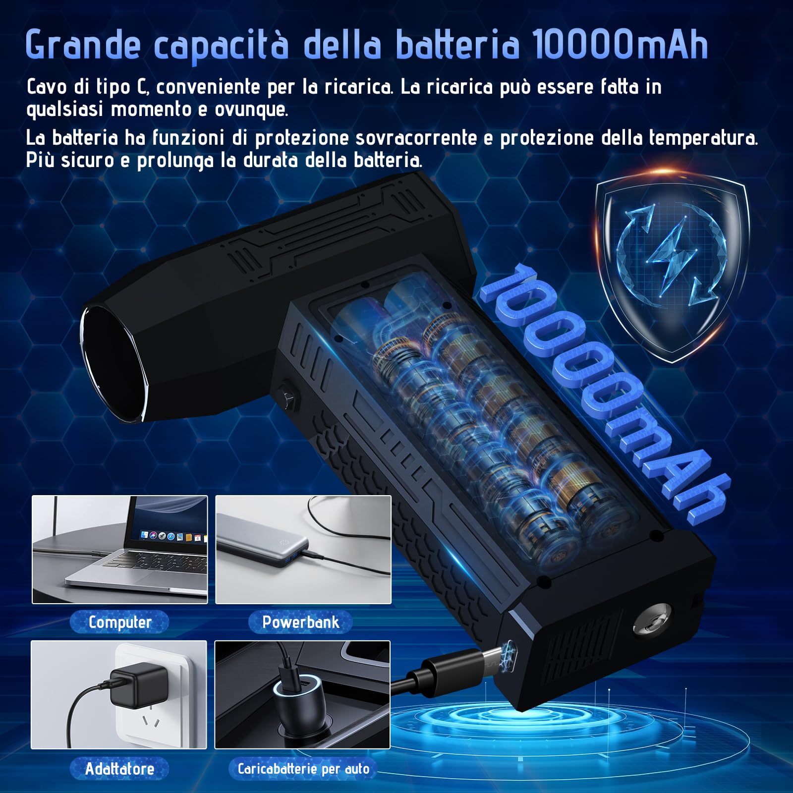 Zosudull Aria Compressa Spray Elettrico con display a LED, Spolverino ad aria compressa 180000 U/min Air Duster del ventilatore di polvere con torcia elettrica(10000mAh), turboventilatore a 4 velocità