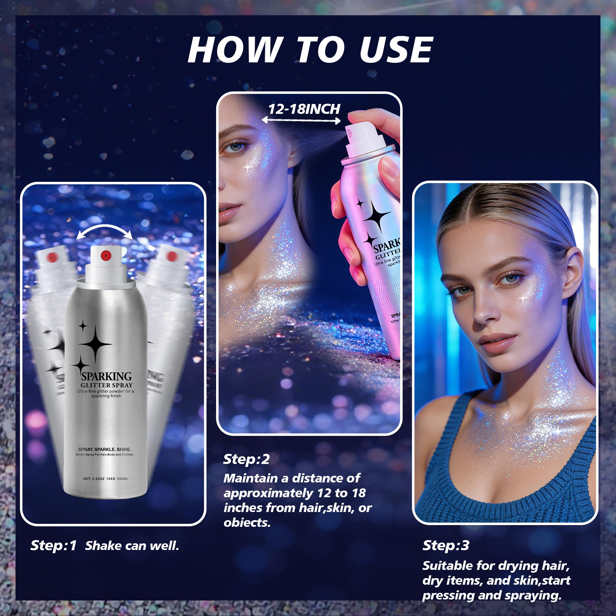 Mifeloy Hair and Body Glitter Spray - Long-Lasting Hair Spray & Body Shimmer, Face Glitter, Quick-Drying Spray Glitter, Festival, Concert, Prom - Glitter Hairspray for Men Women, 100ml - 5