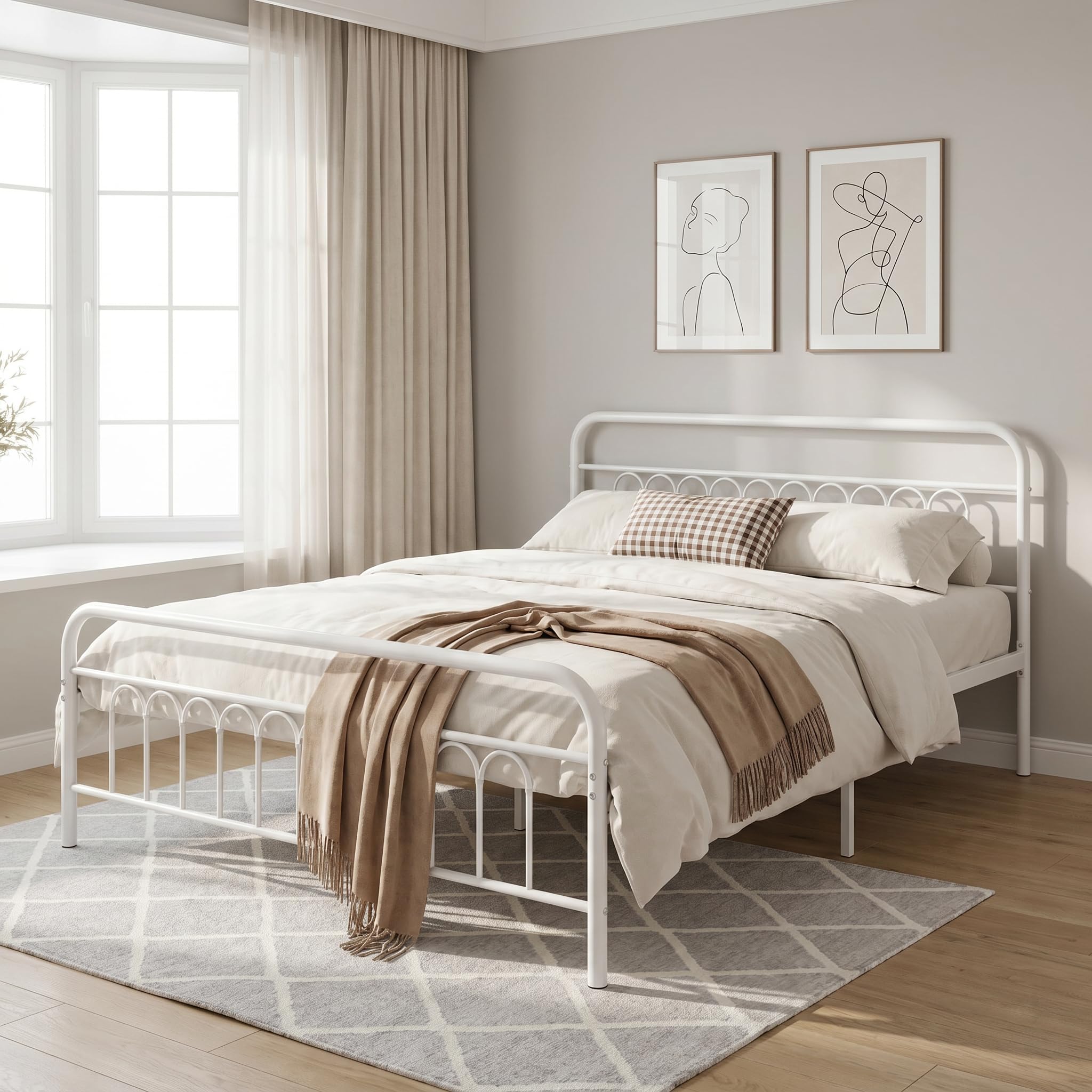 Panana Strong Metal Bed Frame,4FT6 Double Size Heavy Duty Solid Double Bedstead Base with Headboard & Footboard,Easy Assembly Bed Frame for Adults, Guest Room (ModelC -White, 4ft6 double)