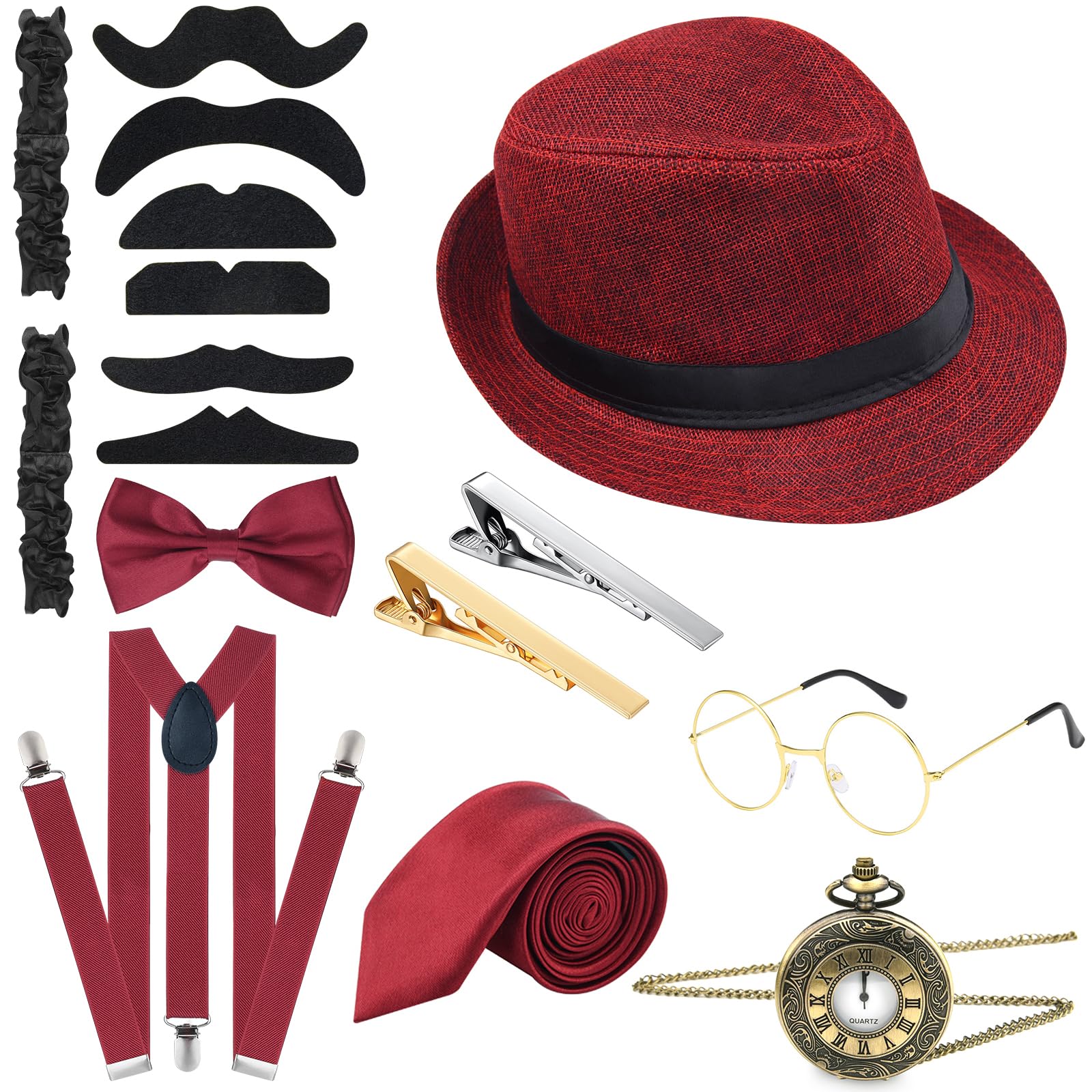 PLULON 12-teiliges 1920er Herren Kostmzubehr Set Roaring Retro Gangster Kostm, Hut, Fliege, Taschenuhr, Hosentrger, Brille, Bart, Armband Strumpfbnder, Taschenuhr