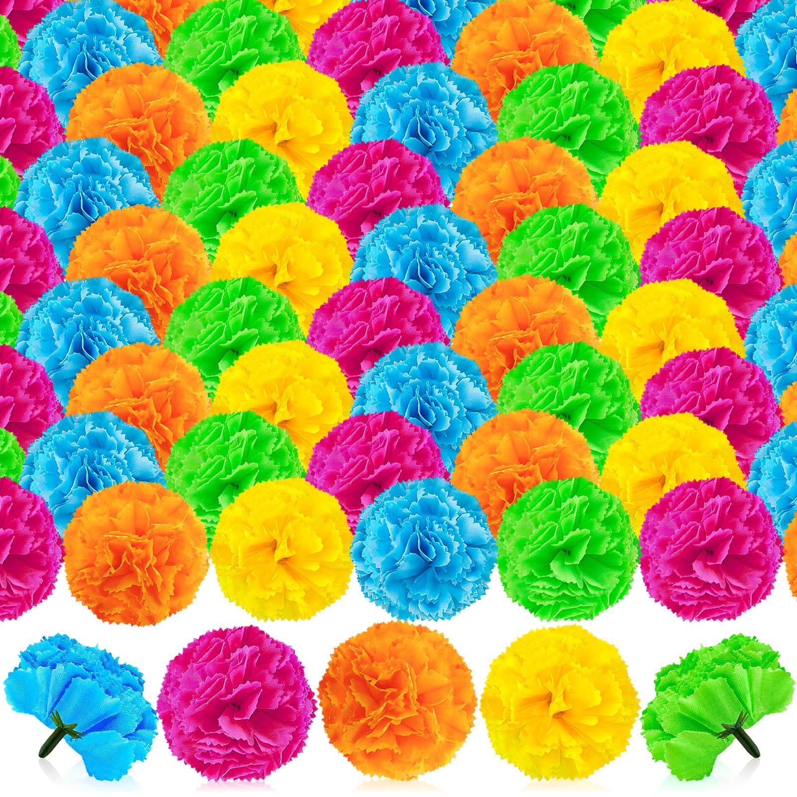 Marigold Flower Heads, 50Pcs Colorful Artificial Flowers for DIY Marigold Garland Diwali Day of The Dead Halloween Wedding Party Home Decorations