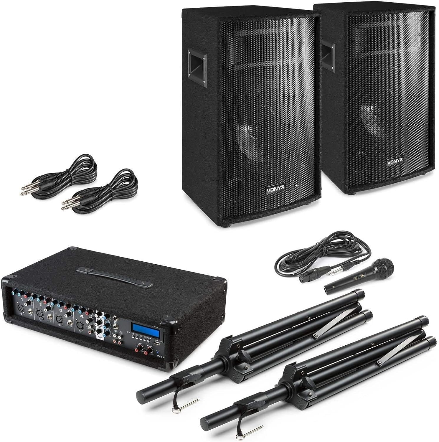 VONYX VX210 Système de Sonorisation Complet Bluetooth - 800 Watts, avec Trépieds Réglables, Table de Mixage Amplifiée, 2 Enceintes, Câbles, Microphone, Idéal pour Animer Vos Soirées