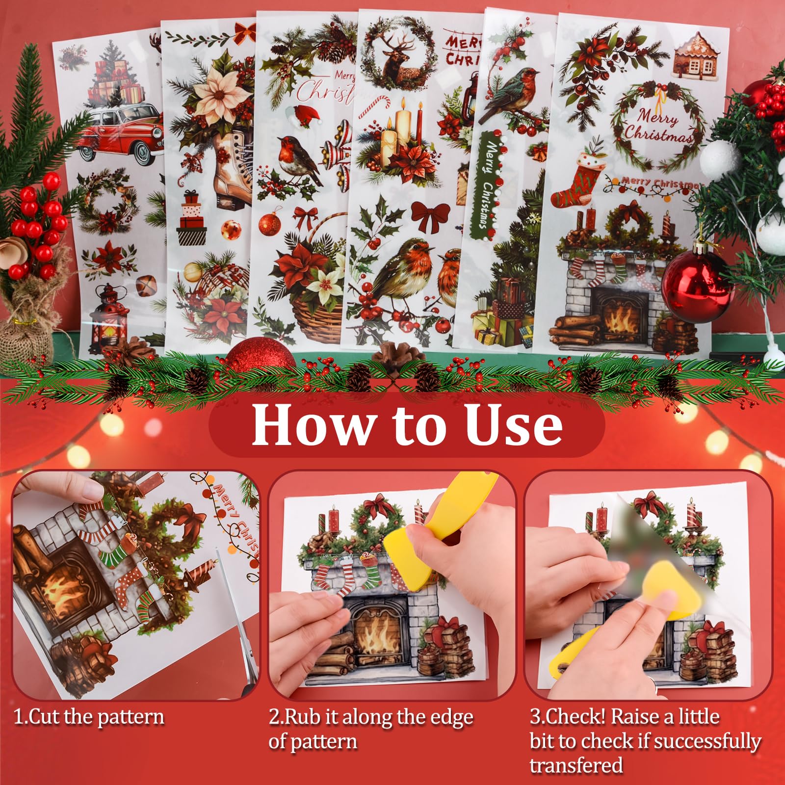 WANDIC 6 Sheets Christmas Rub On Transfer Sticker - Image 3