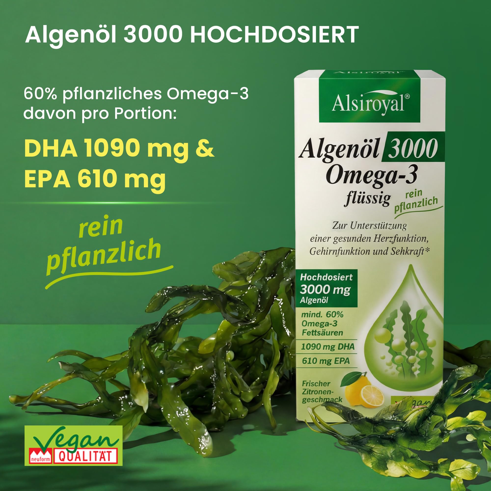 Alsiroyal Algenöl 3000 flüssig 200 ml Vorteilsgröße · 1090mg DHA+610mg EPA | 60% pflanzliches Omega-3 · vegane Alternative zu Fischöl · top Geschmack · stark für Herz, Augen, Gehirn · laborgeprüft
