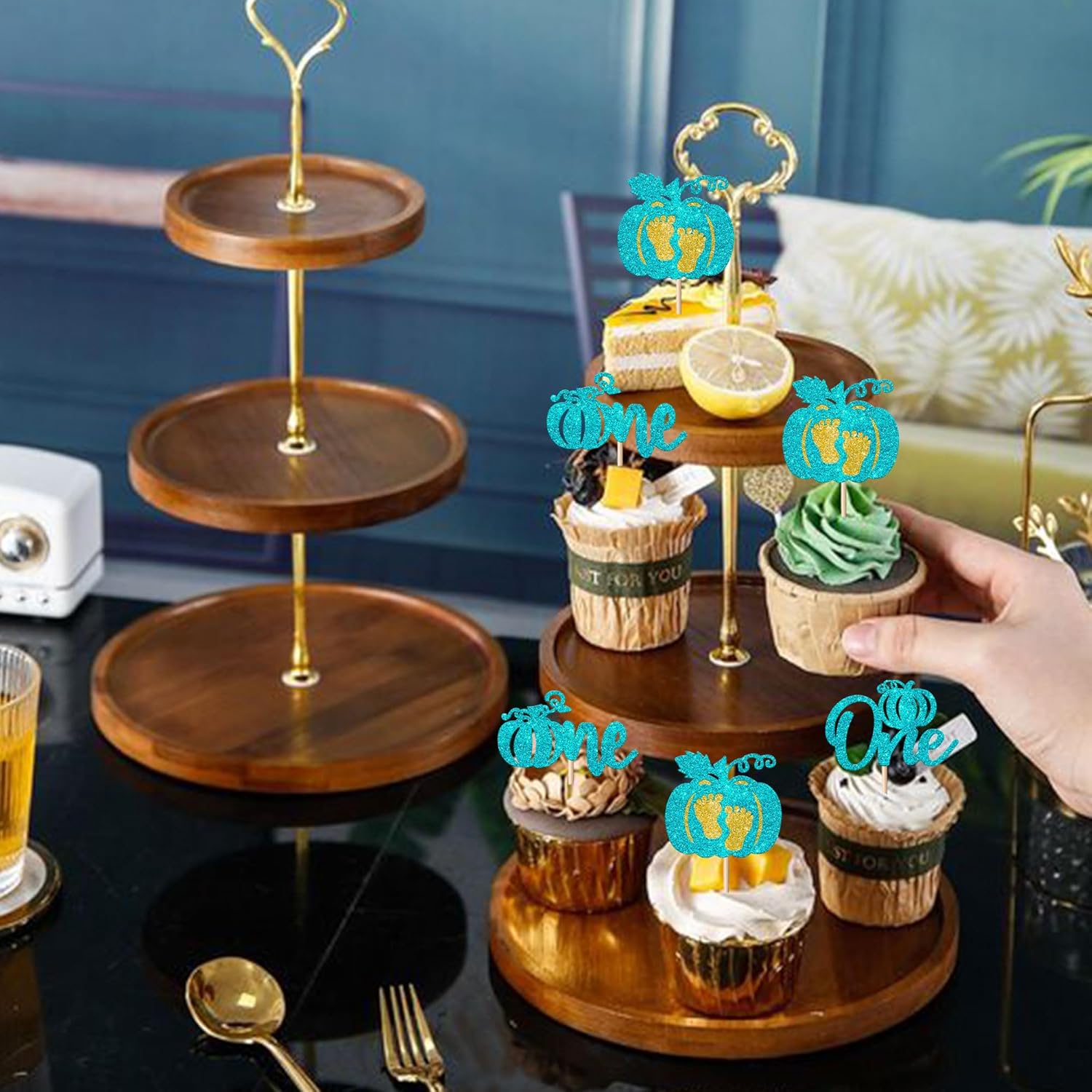 24 Pack Pumpkin One Cupcake Toppers Glitter Fall Theme First Birthday Cupcake Picks Halloween Cake Decorations for Pumpkin Theme Baby Shower 1st Birthday Party Cake Decorations Supplies Blue - Image 5