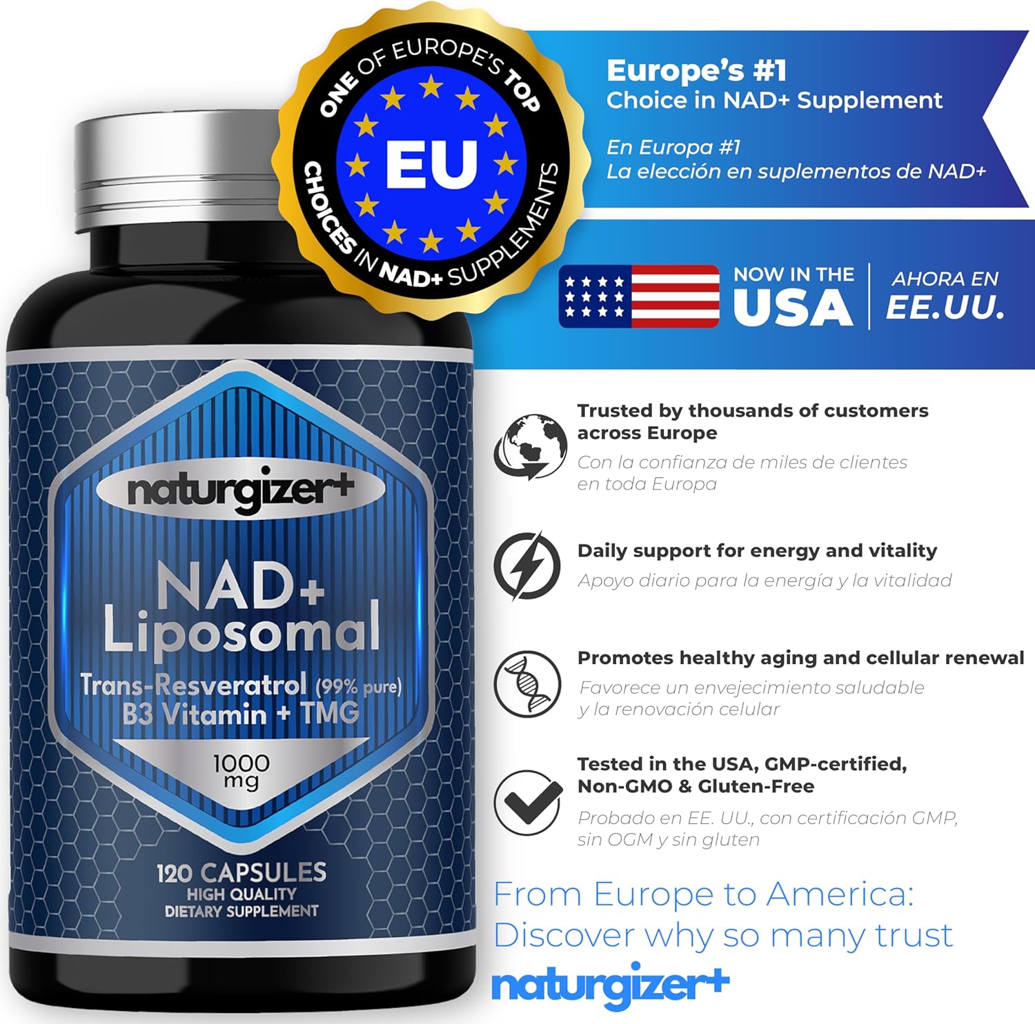 Liposomal NAD+ Supplement with Resveratrol, TMG & Vitamin B3 | 4-in-1 Healthy Aging & Cellular Energy Support | High Absorption NAD Plus for Men & Women Over 40 | 120 Capsules