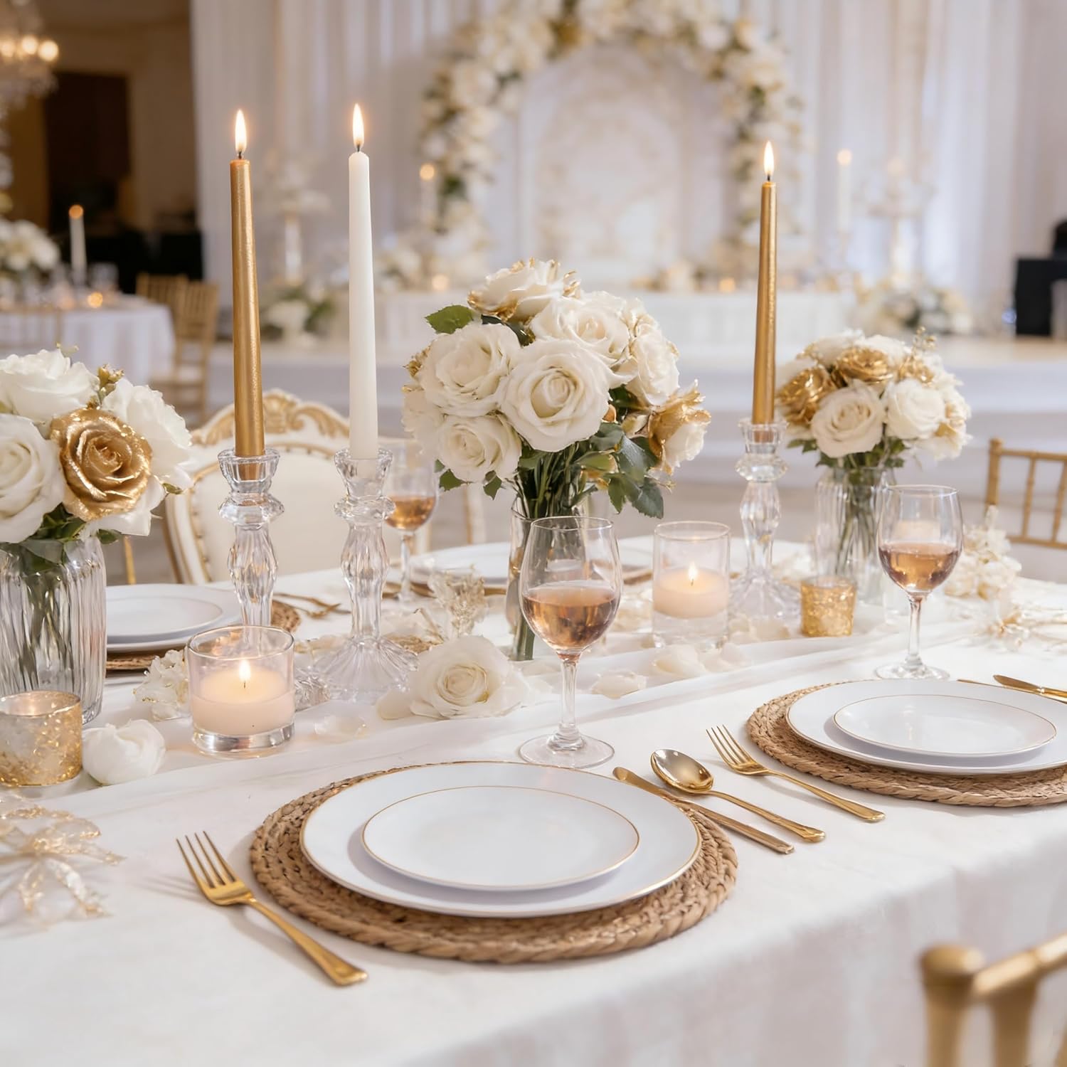 KIRE 60PCS Gold Plastic Plates - Heavy Duty White Disposable Plates with Gold Rim for Wedding/Easter/Spring/Ramadan - Include 30Pieces 10.25inch Dinner Plate and 30Pcs 7.5inch Dessert Plate Gold 60 PCS