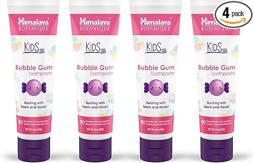Himalaya Botanique Kids Toothpaste, Herbal, Bubble Gum Flavor, Fluoride-Free, Gentle, No Artificial Flavors or Colors, SLS Free, Gluten Free, Cruelty Free, Vegan, Foaming, 4 Oz, 4 Pack