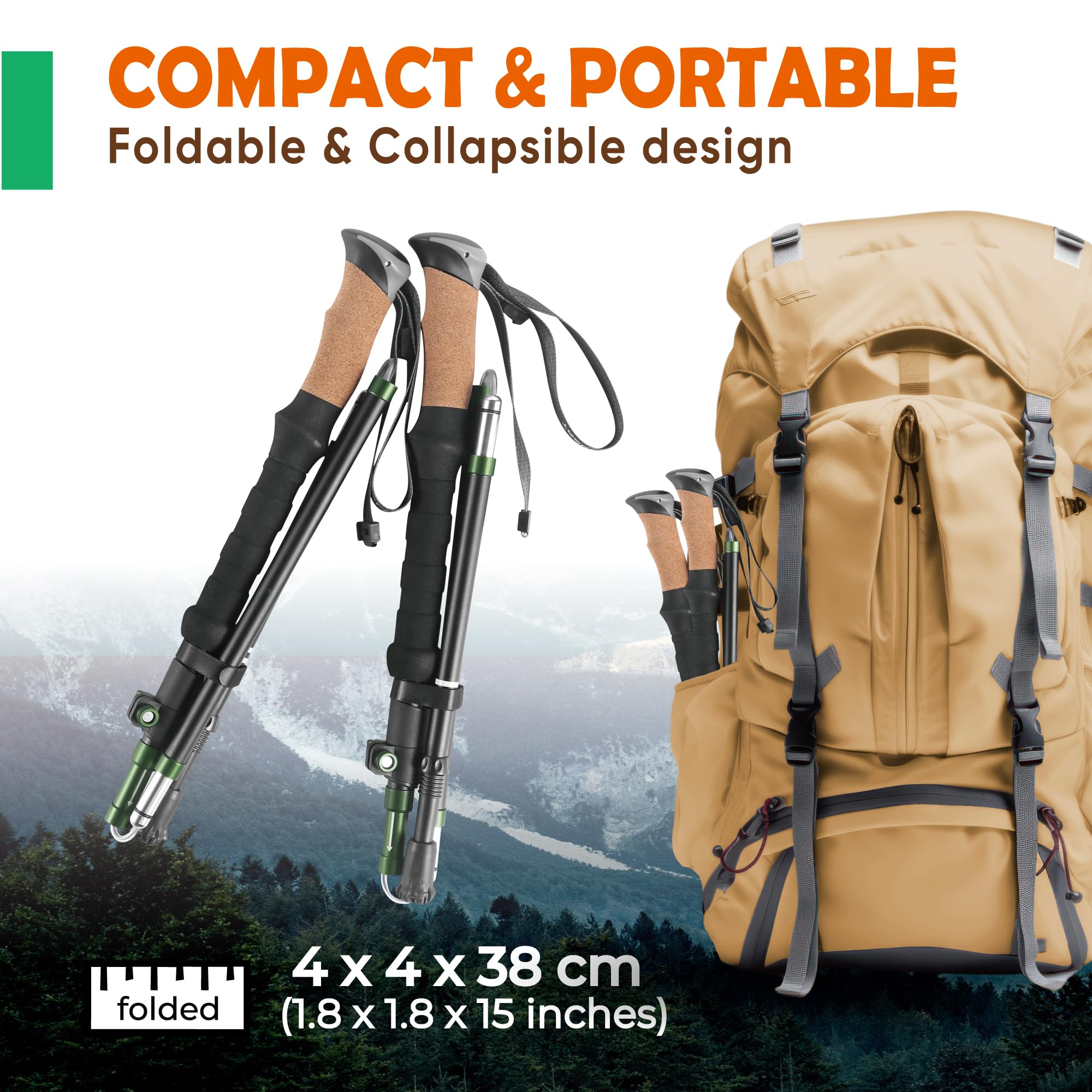TREKOLOGY Trek-Z Cork Grip Trekking Poles – Lightweight Folding Hiking Poles, Adjustable Height, Compact Travel Design, Aircraft-Grade Aluminum Walking Sticks for Men & Women