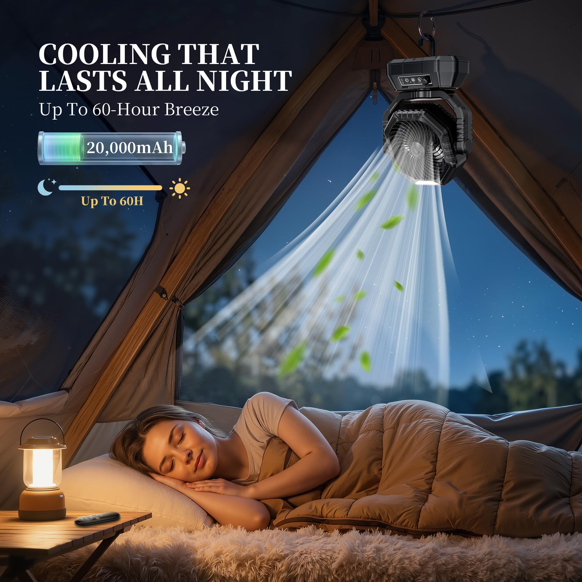 VTHW Camping Ventilator, 20000mAh Wiederaufladbarer Ventilator mit LED Licht & Haken, 270° Drehung, Stufenlose Geschwindigkeit, Timer-Modus, USB Tischventilator für Indoor Outdoor (Schwarz)