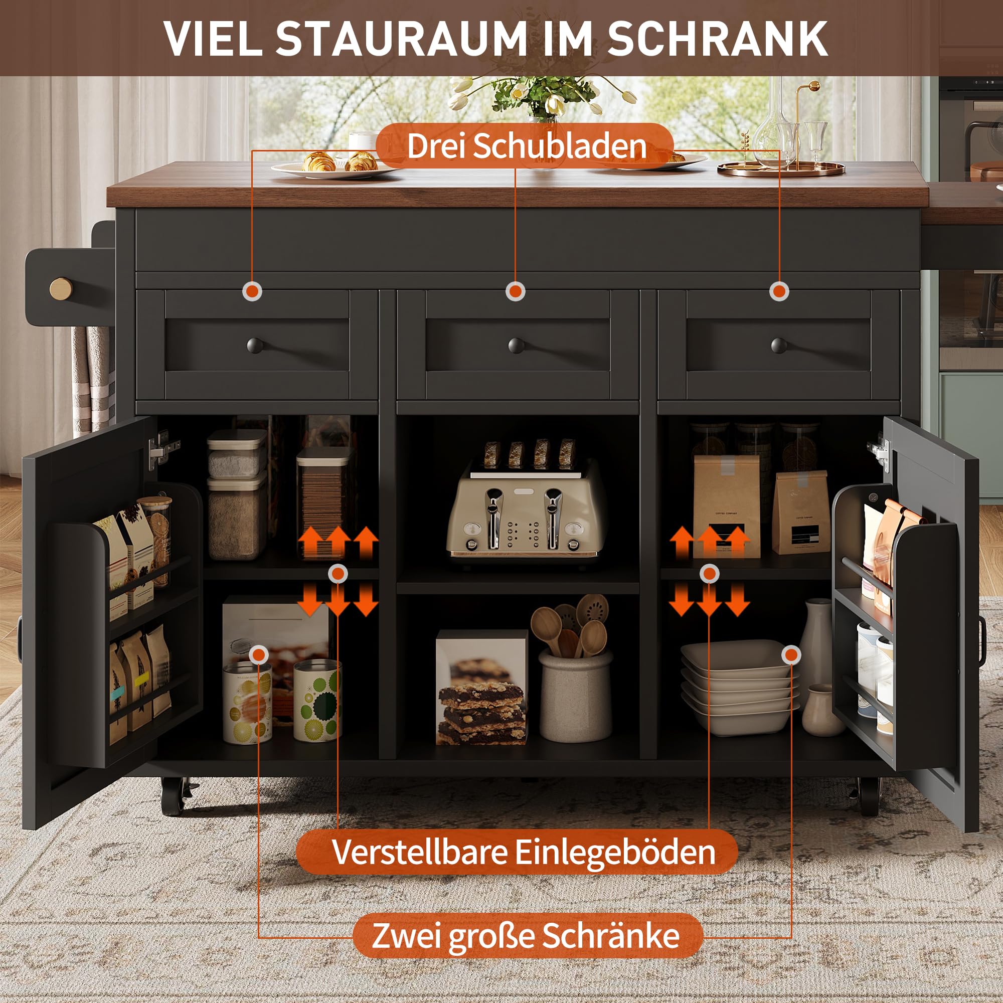 Isola da cucina con vano portaoggetti, tavolo da bar allungabile da 131,5 a 210 cm, mobile da cucina con cassetti e armadi, tavolo da pranzo, piano di lavoro per cucina, sala da pranzo e