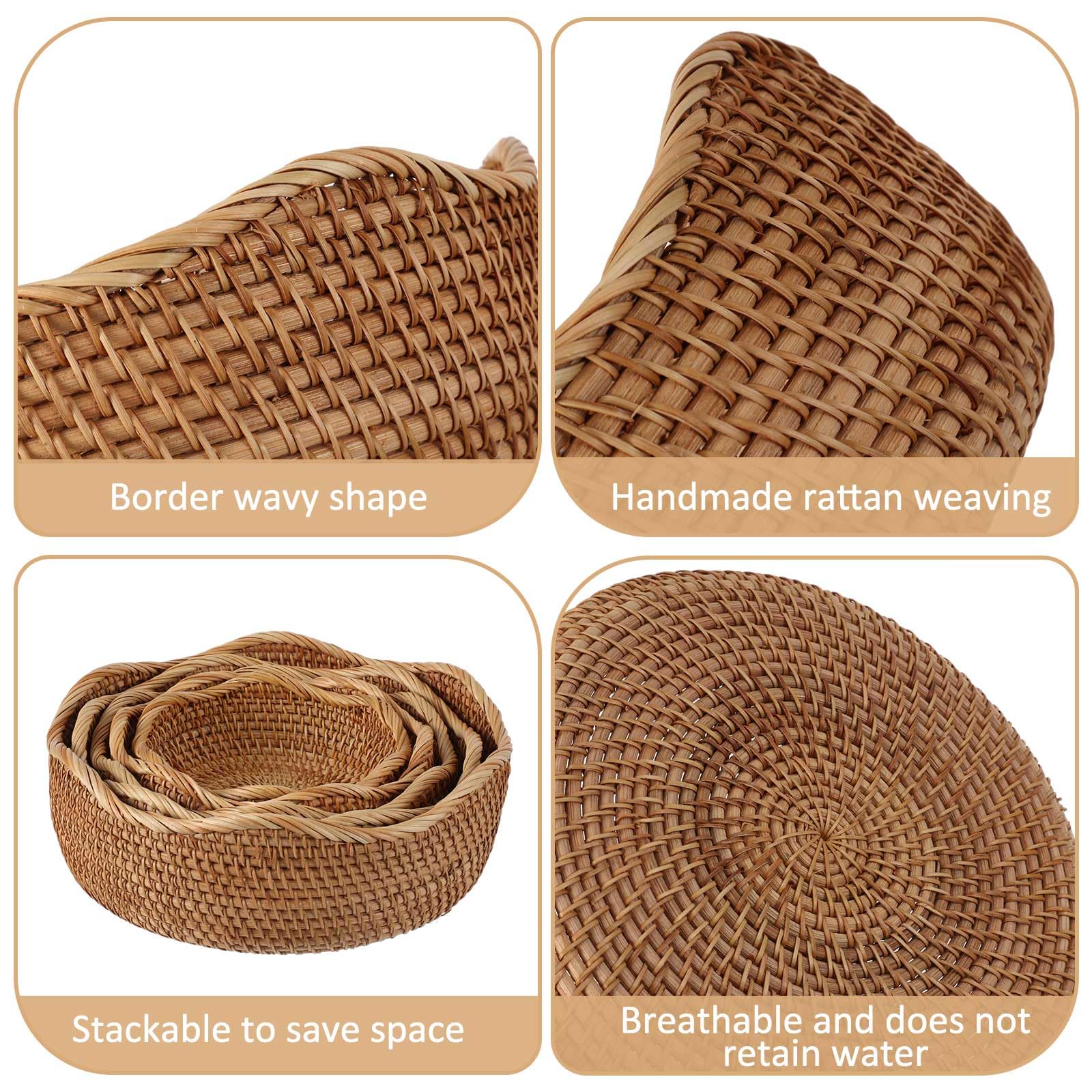 Layhit 5 Pcs Round Rattan Basket Bread Baskets for Serving Natural Wicker Bowl Basket Woven Fruit Storage Baskets for Home Countertop Kitchen Party Organizing, 5 Sizes - Image 3