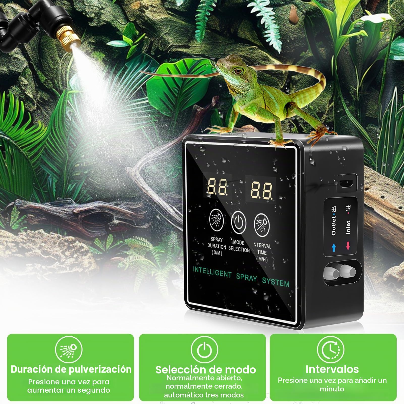 Humidificador De Reptiles, Sistema Inteligente De Nebulización De Reptiles, Sistema Inteligente De Humidificación Para Terrarios, Boquillas Pulverizadoras Ajustables En 360°, Sistema Inteligente