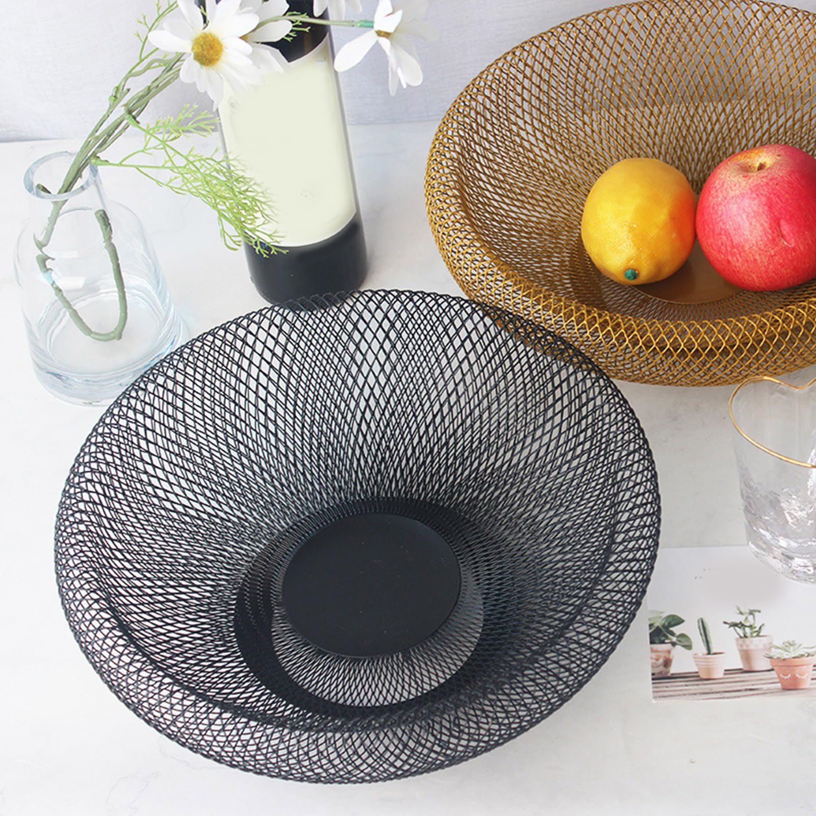 Elegante cesta de almacenamiento de malla de hierro, accesorio portátil para encimera de cocina o sala de estar, elegante accesorio para el hogar