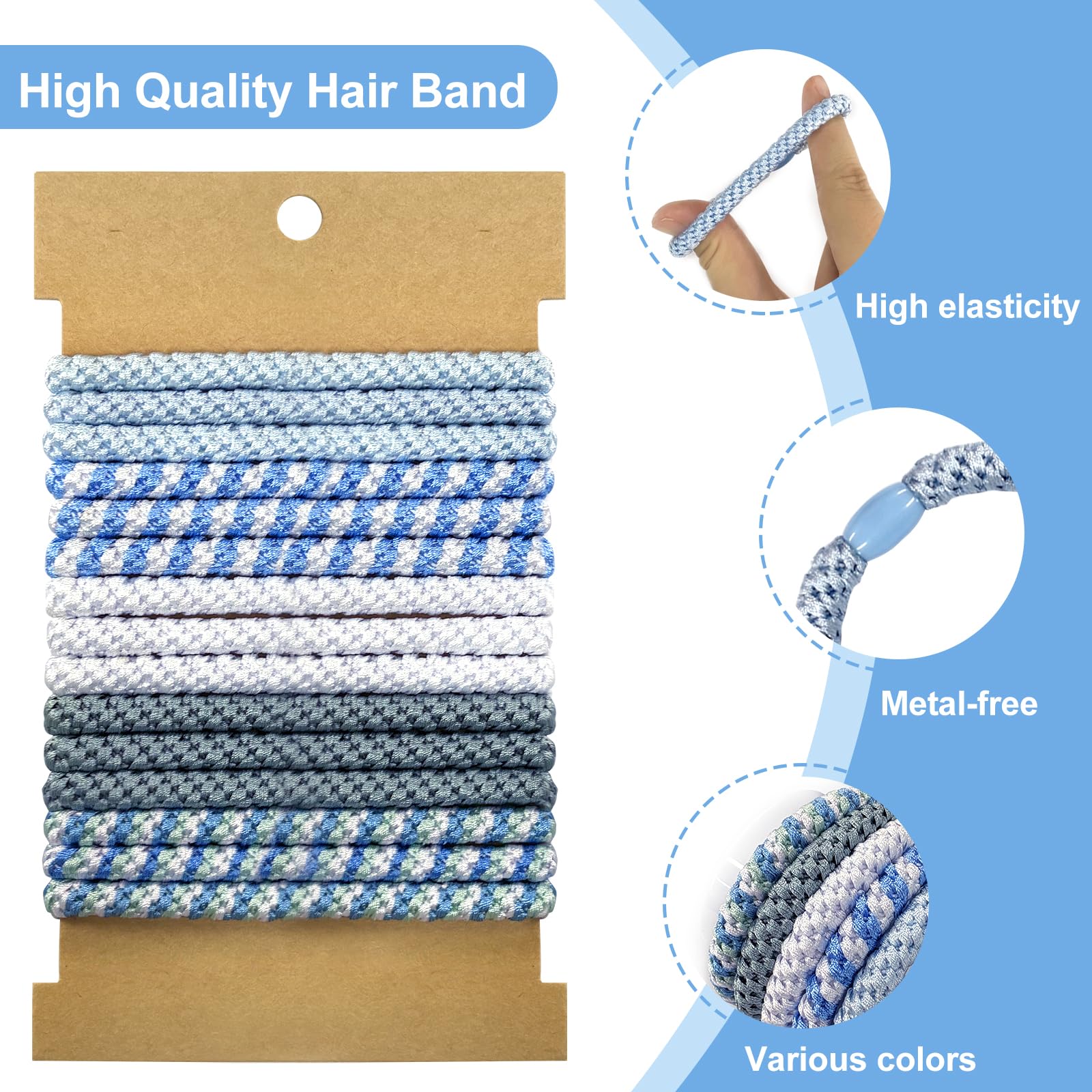Sularpek 15 Pcs Blue Hair Bobbles for Women and Girls No Damage Elastic Bands, Thick and Curly Hair Ties - Image 3