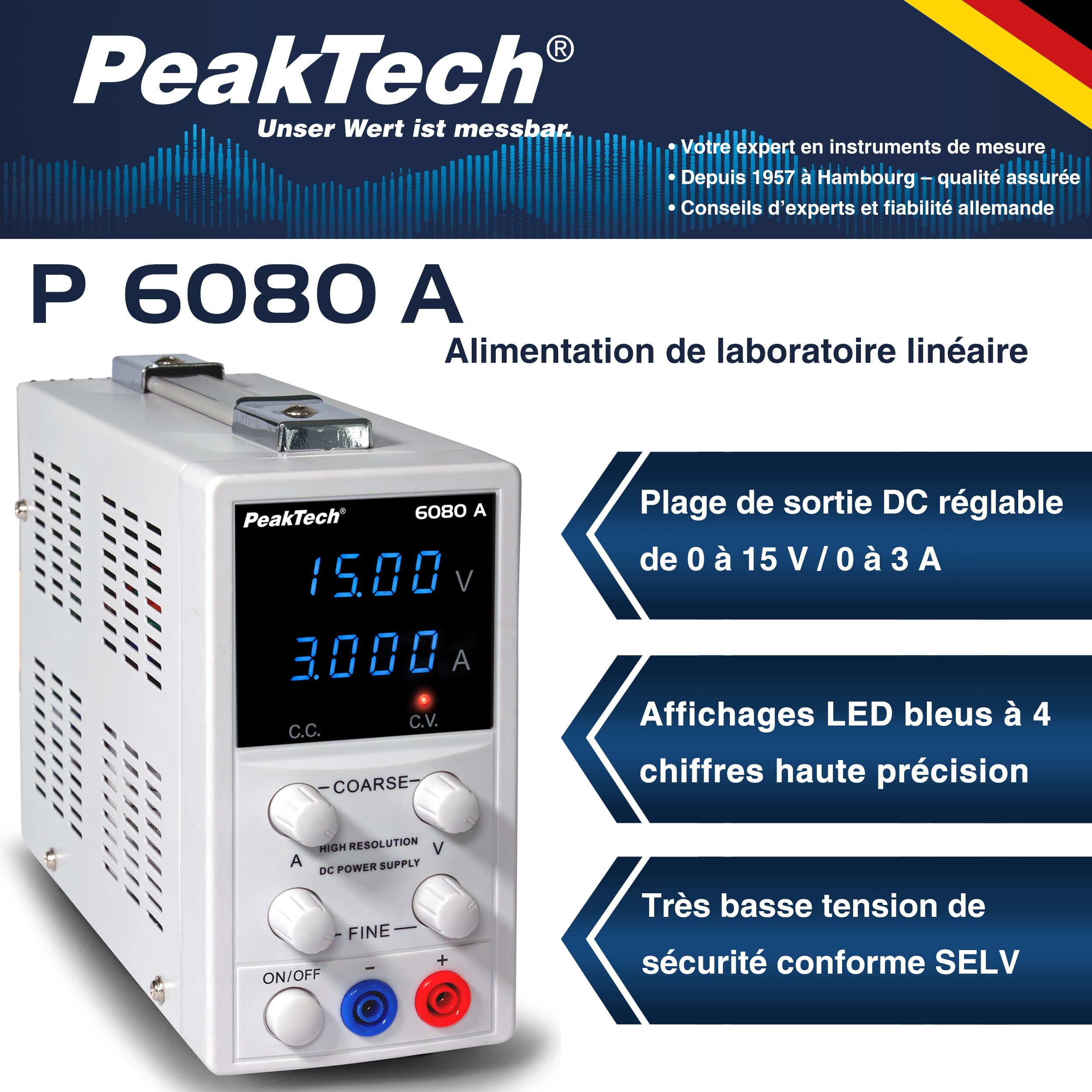 PeakTech 6080 A – Alimentation de laboratoire 0 – 15V / 0 – 3A DC – Alimentation professionnelle haute résolution à régulation linéaire avec affichage LED bleu et protection contre les surtensions