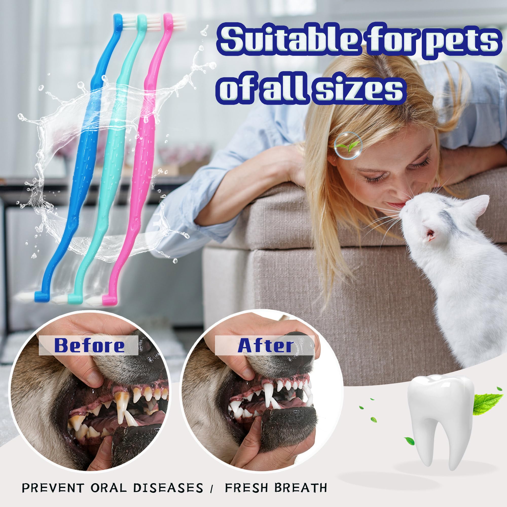 Cepillo de dientes de doble cara para gatos, cepillo de dientes para perros, cepillo de dedo, apto para perros y gatos pequeños a grandes (blanco, pequeño)