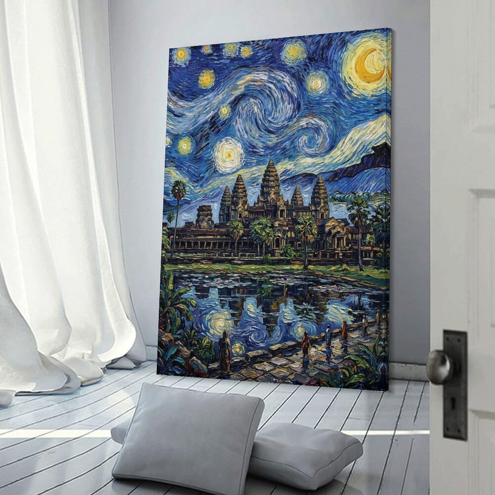 Junmoney Frame-Style-13 Decorative Wall Artwork Angkor Wat Starry Night Painting, 24X36inch(60X90cm), For Sofa Walls, Lounge Or Home Corners, Modern Wall Decor For Cosy Interiors