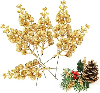 Glamifirsto - 5 Piece Christmas Glitter Berries Stems,5-6 Inch Artificial Christmas Tree Picks Ornaments forFestive Wreath Christmas Ornaments Party Home Decorations (Gold)