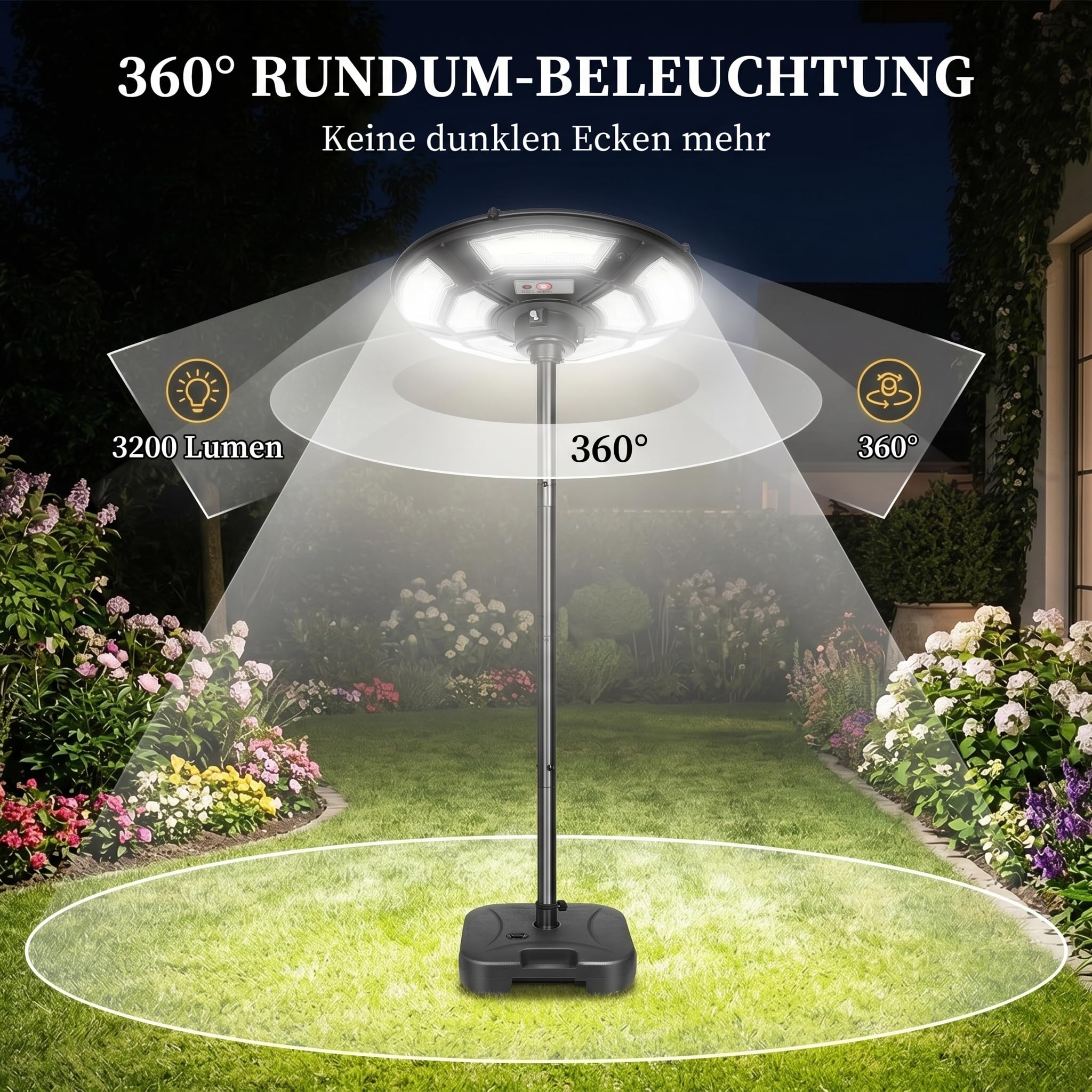 Solarlampen für Außen mit Standfuß 12000mAH, 3200LM Solar Straßenlaterne mit 750 LED, 360° Beleuchtung Solarstrahler Außen mit Bewegungsmelder, IP65 Wasserdicht Gartenlampe für Hof, Garage, Camping