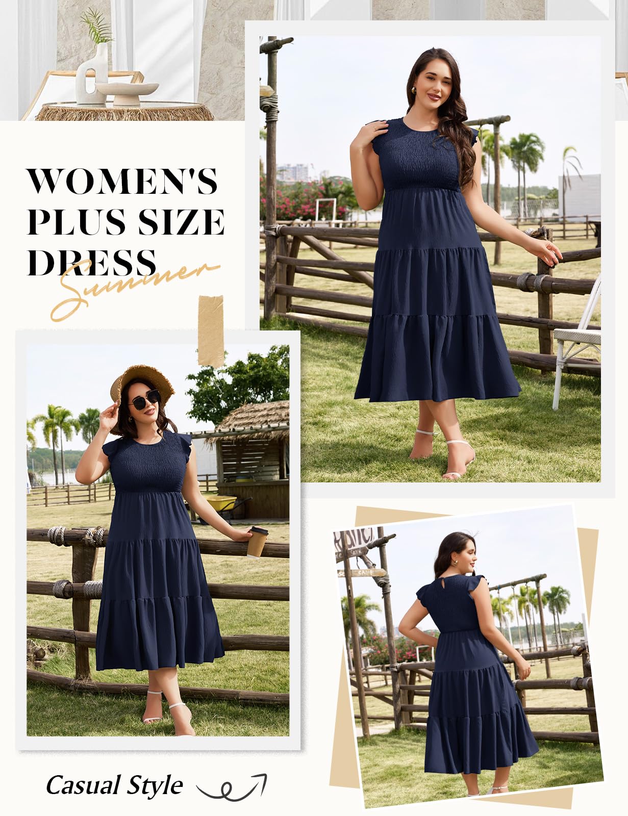 Sommerkleid Damen Große Größen Kleider Sommer Elegant Rundhals Flatterärmel Maxikleider Elastische Taille A Linie Casual Maxi Kleider Strandkleid Lang Freizeitkleid