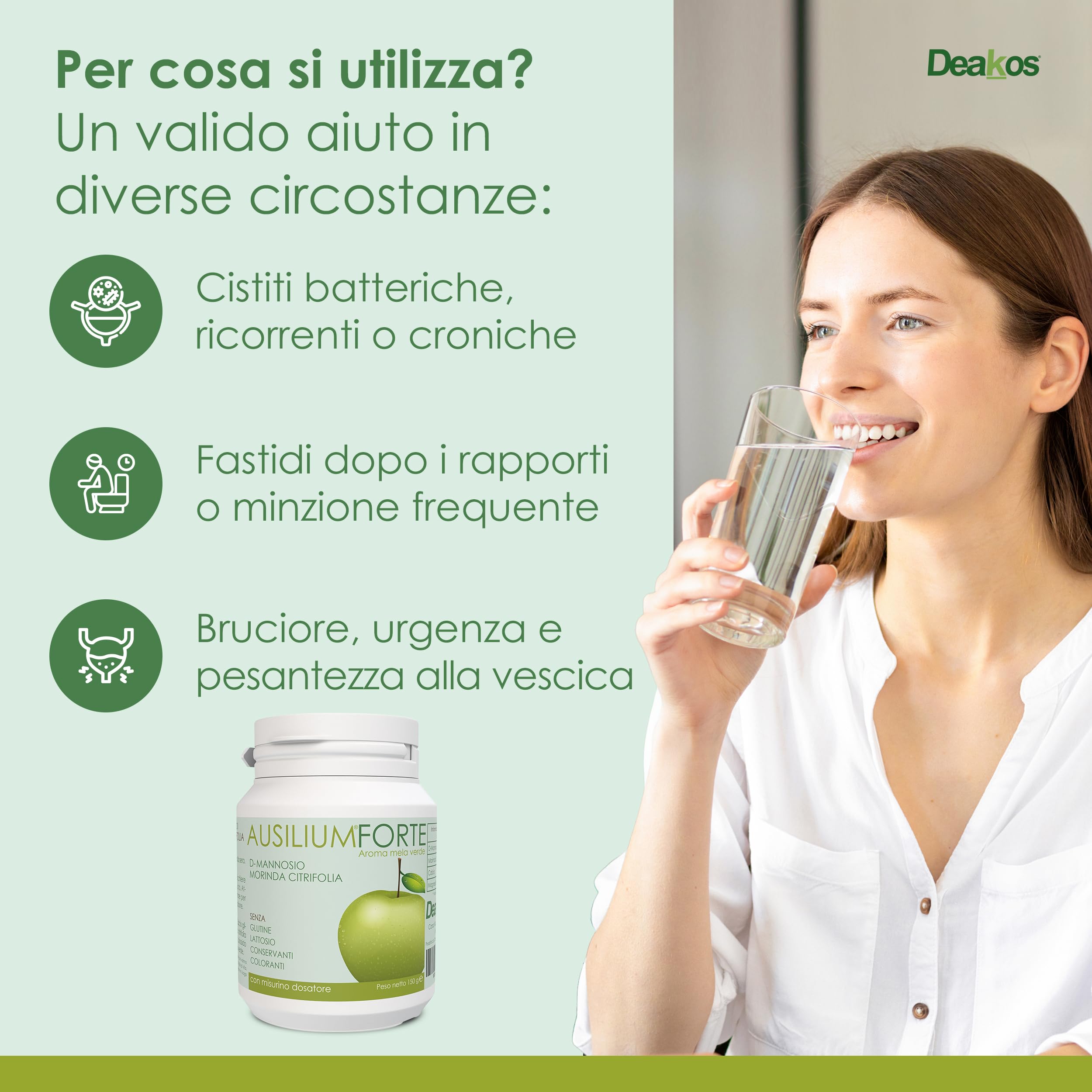 Deakos Ausilium Forte 150g - Integratore Cistite Donna e Benessere delle Vie Urinarie - In Polvere Gusto Mela Verde - A base di D Mannosio Puro e Morinda Citrifolia - Senza Glutine e Lattosio