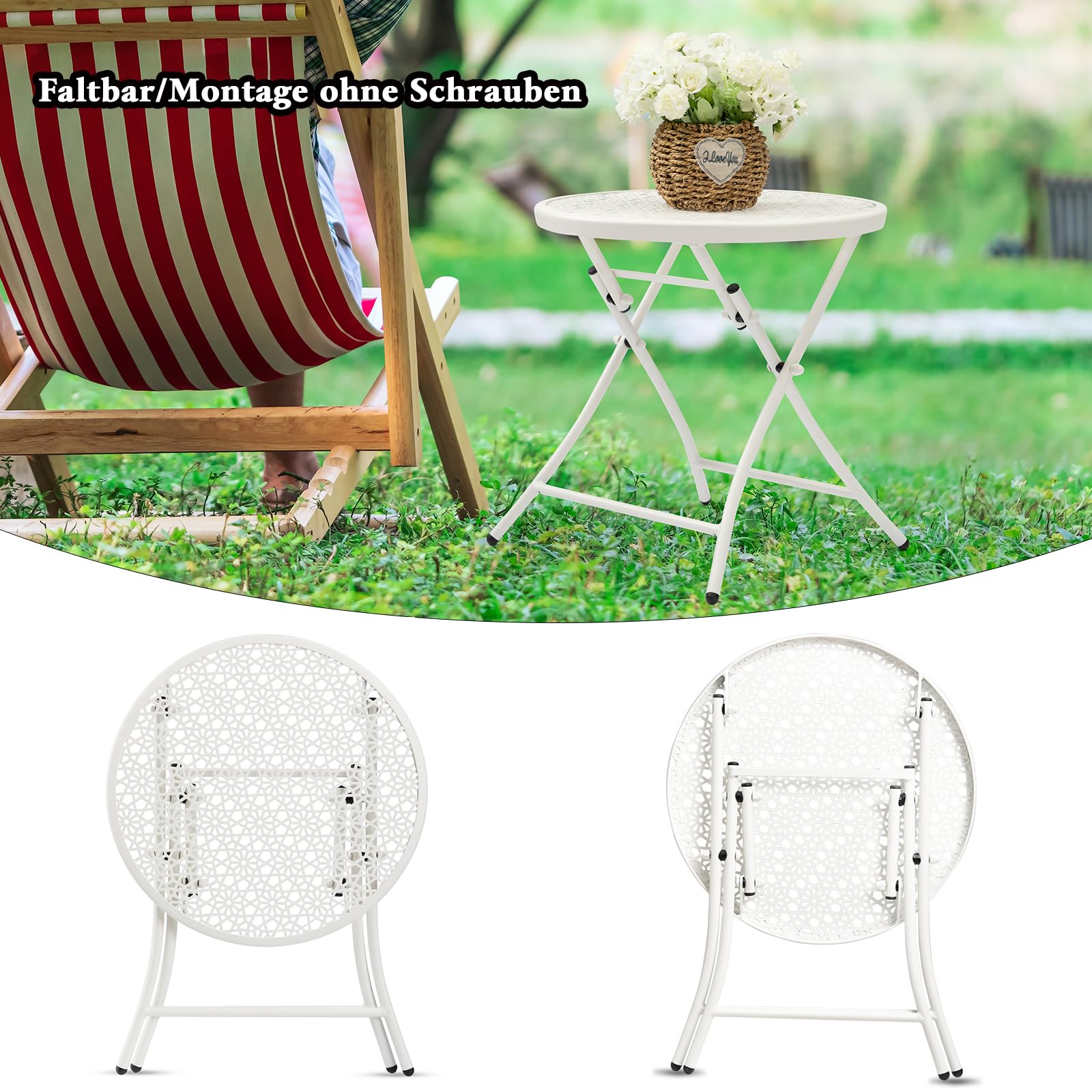 TeoKJ Petite table d'appoint pliante d'extérieur anti-rouille ronde en métal avec découpes de fleurs pour porche, cour, balcon, terrasse, pelouse, blanc