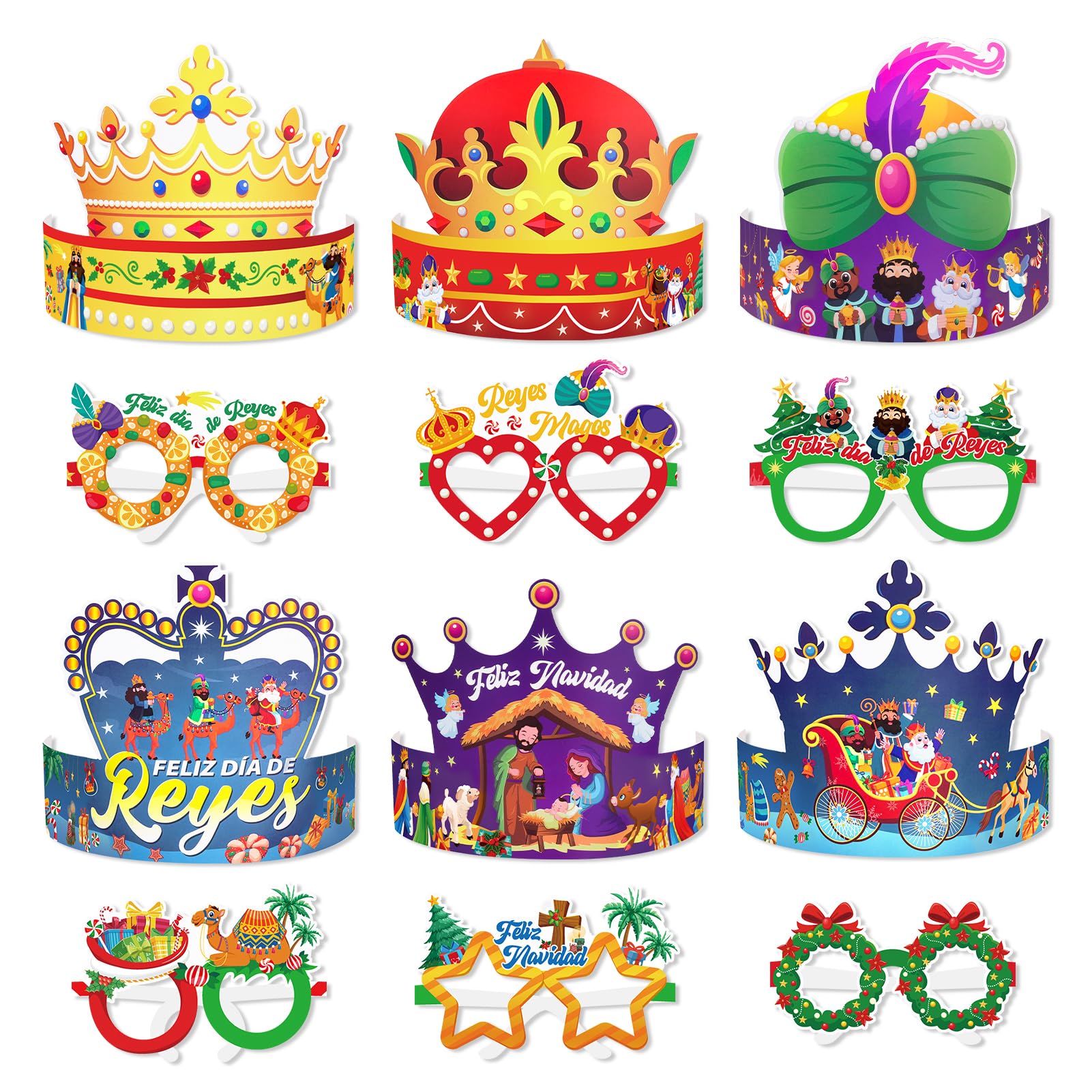 DPKOW 24 Reyes Magos Sombreros Gafas Navidad Fiesta Papel Gafas Gorros Corona Navidad Cumpleaños Fiesta Suministros Navidad Photo Booth Props Día de Reyes Fiesta Sombreros Gafas Decorativos para Niños